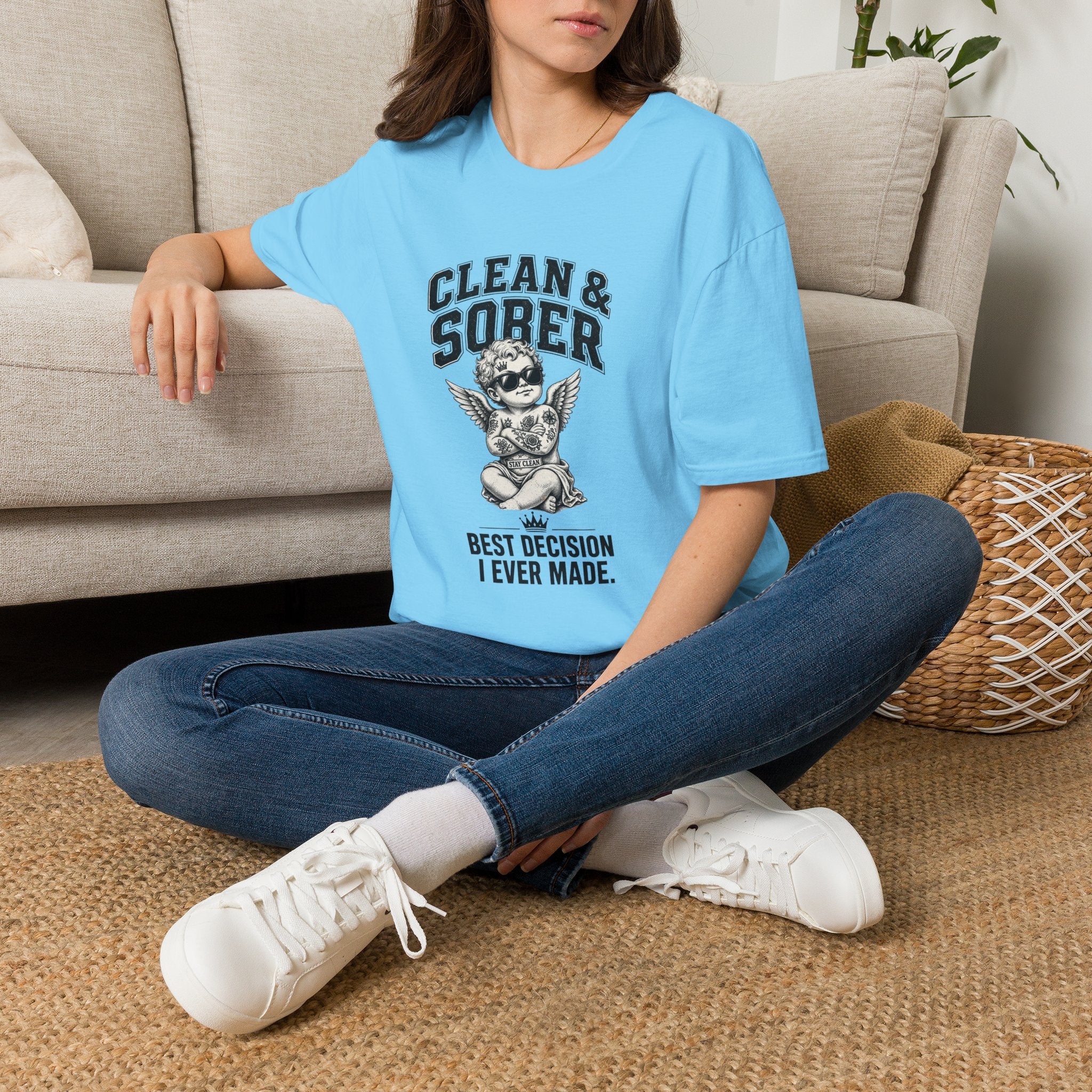 Clean & Sober cherub graphic T-Shirt | 'Best Decision I Ever Made' recovery design