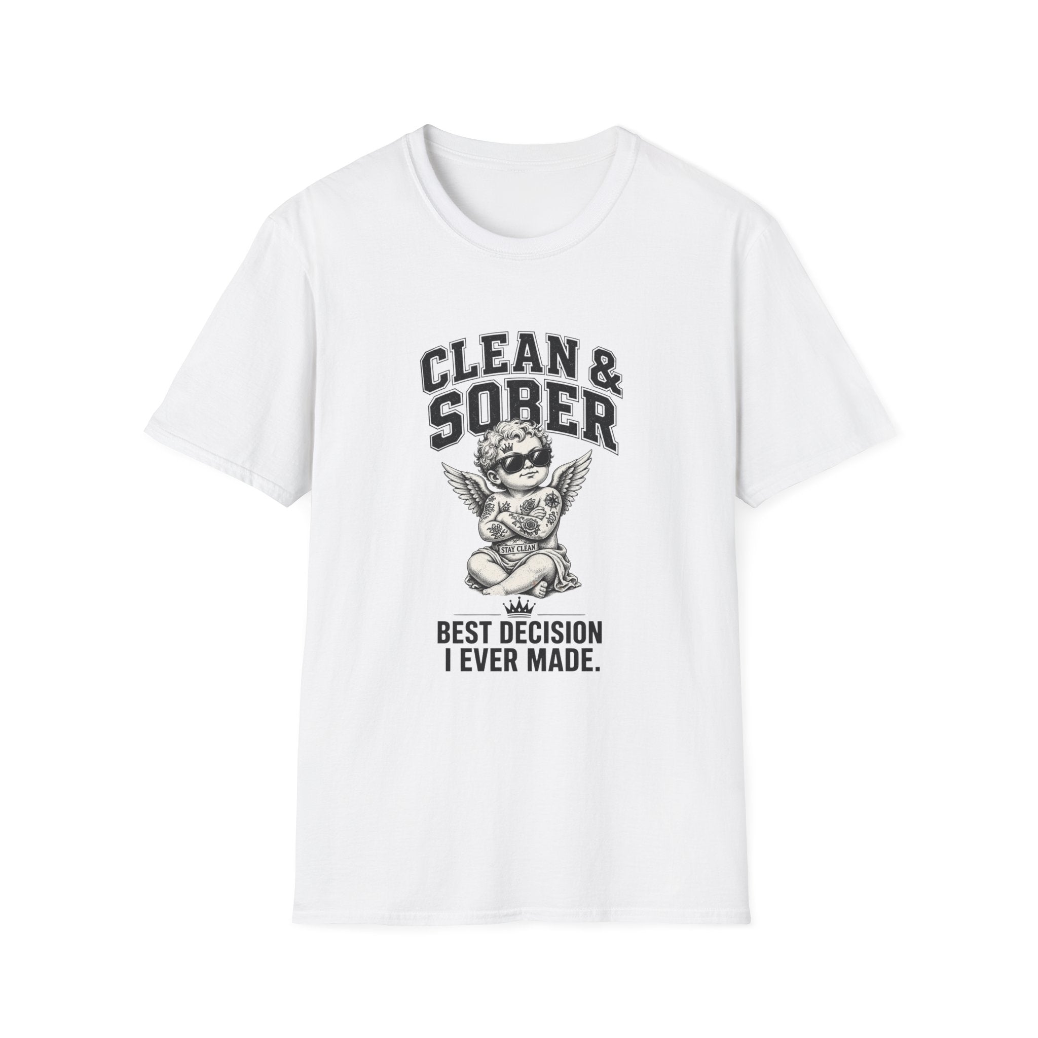 Clean & Sober cherub graphic T-Shirt | 'Best Decision I Ever Made' recovery design