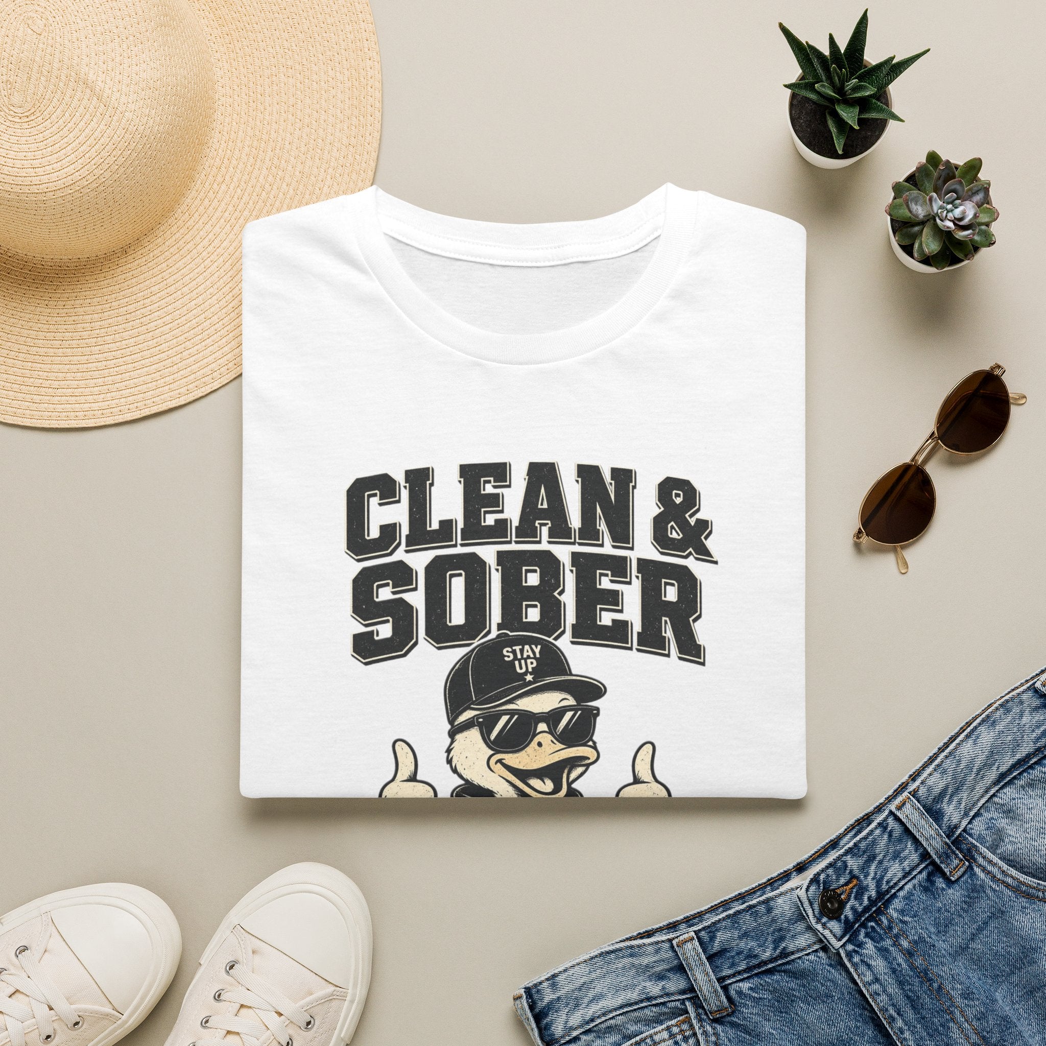 Clean & Sober Duck Illustration T-Shirt | Recovery Humor, Retro Mascot