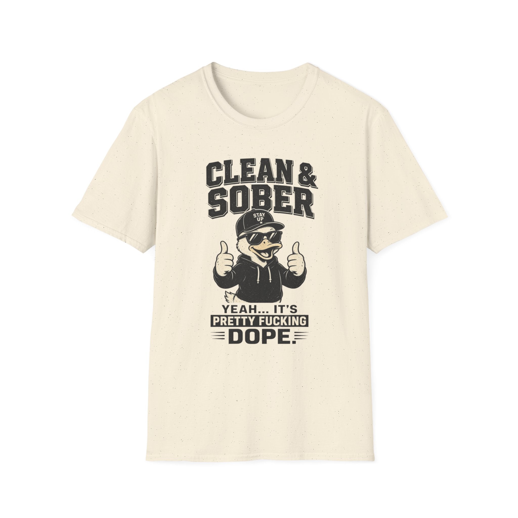 Clean & Sober Duck Illustration T-Shirt | Recovery Humor, Retro Mascot