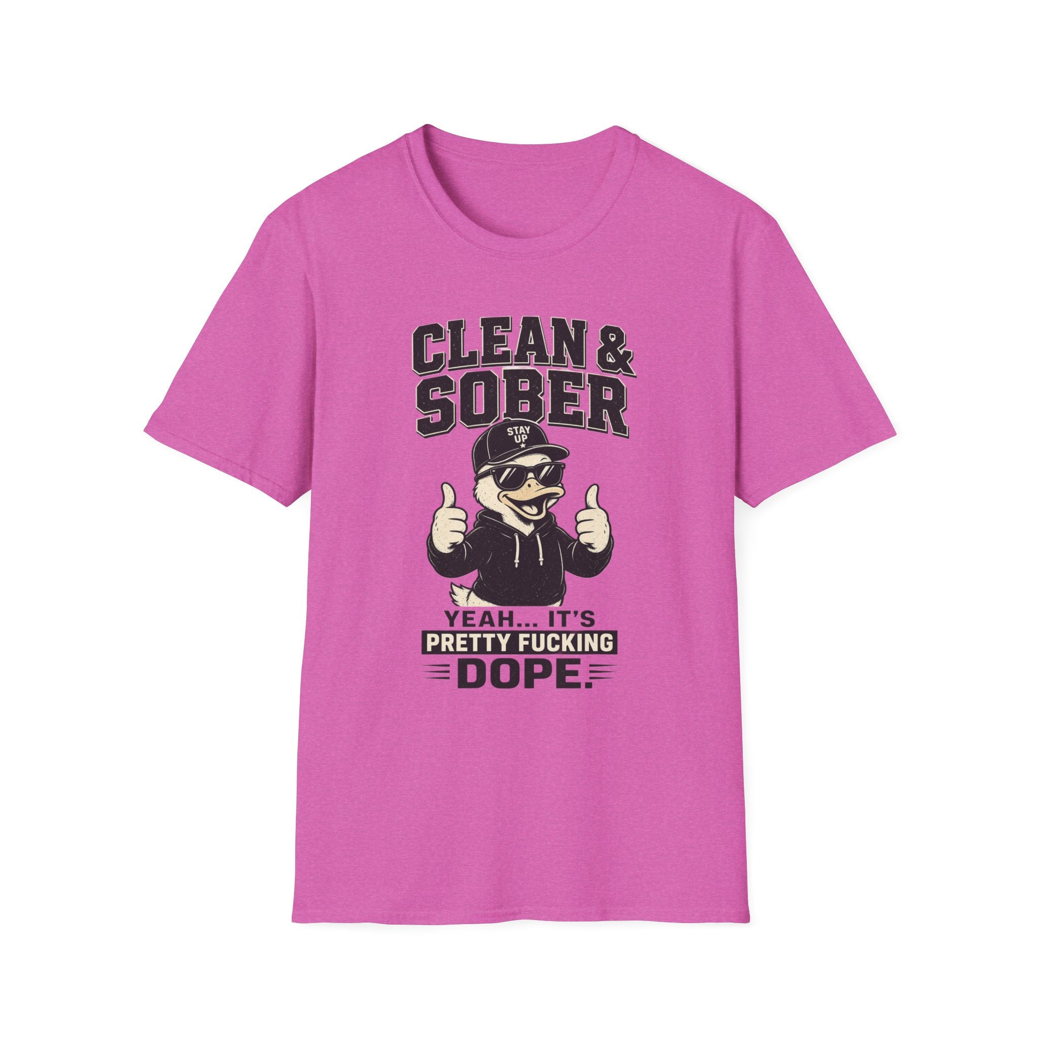 Clean & Sober Duck Illustration T-Shirt | Recovery Humor, Retro Mascot