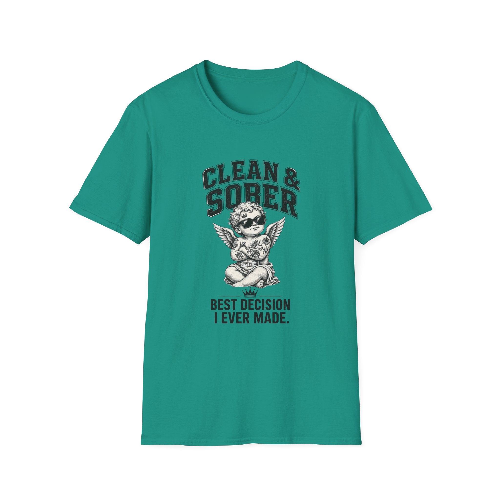 Clean & Sober cherub graphic T-Shirt | 'Best Decision I Ever Made' recovery design