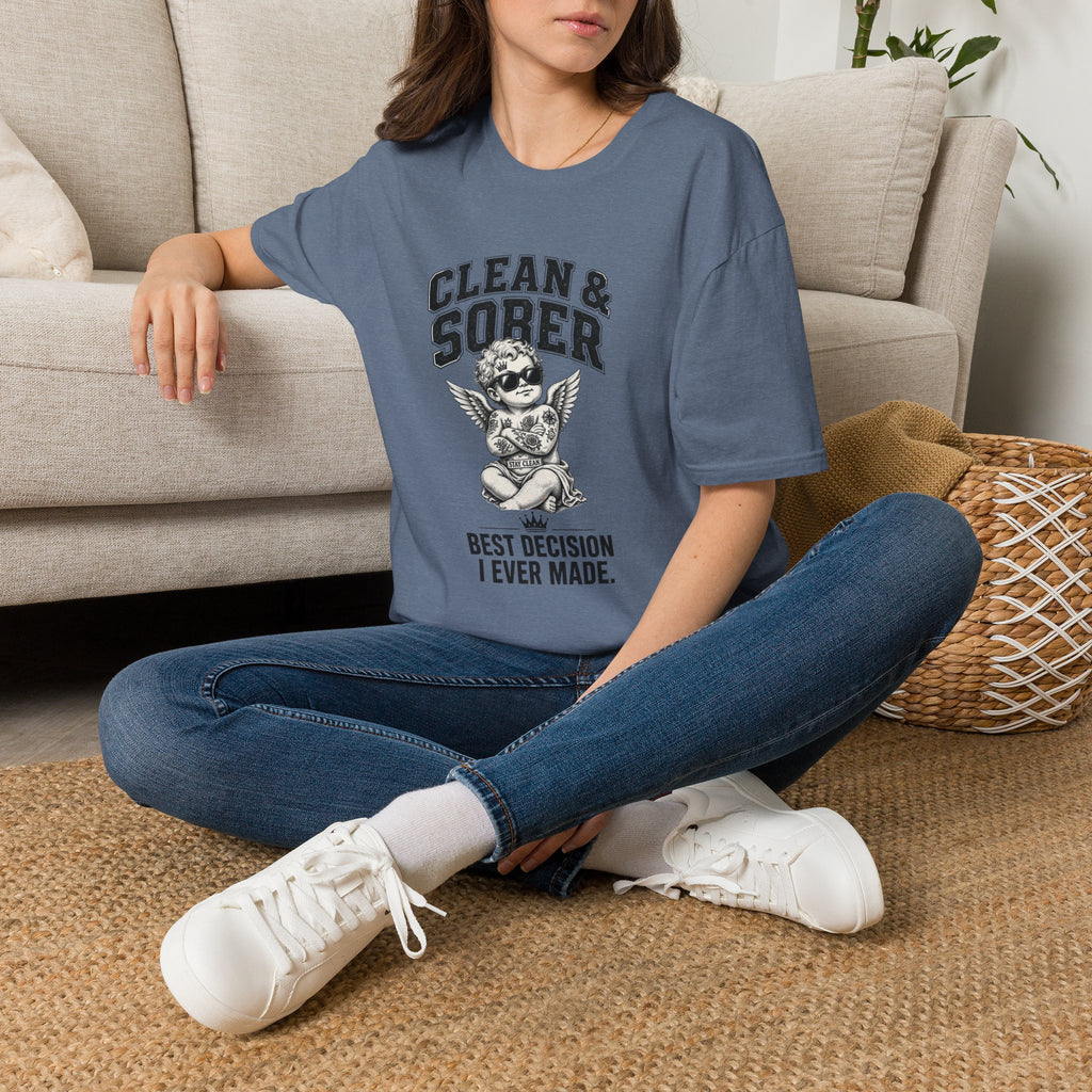 Clean & Sober cherub graphic T-Shirt | 'Best Decision I Ever Made' recovery design