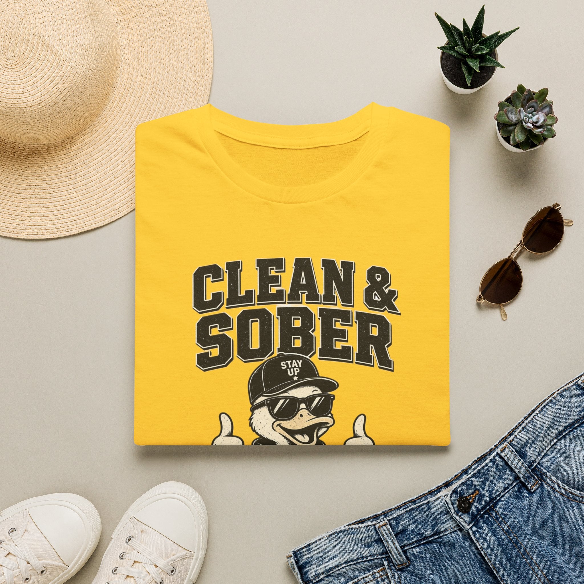 Clean & Sober Duck Illustration T-Shirt | Recovery Humor, Retro Mascot