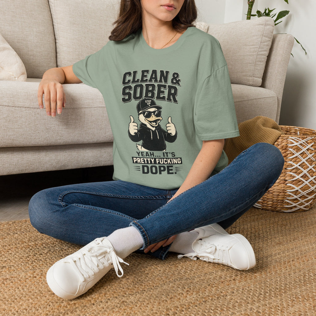 Clean & Sober Duck Illustration T-Shirt | Recovery Humor, Retro Mascot