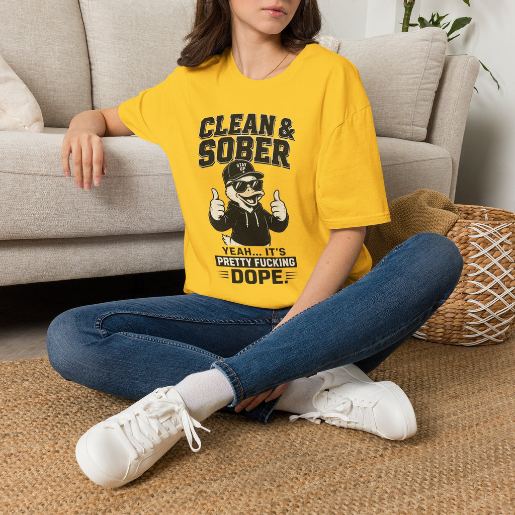 Clean & Sober Duck Illustration T-Shirt | Recovery Humor, Retro Mascot