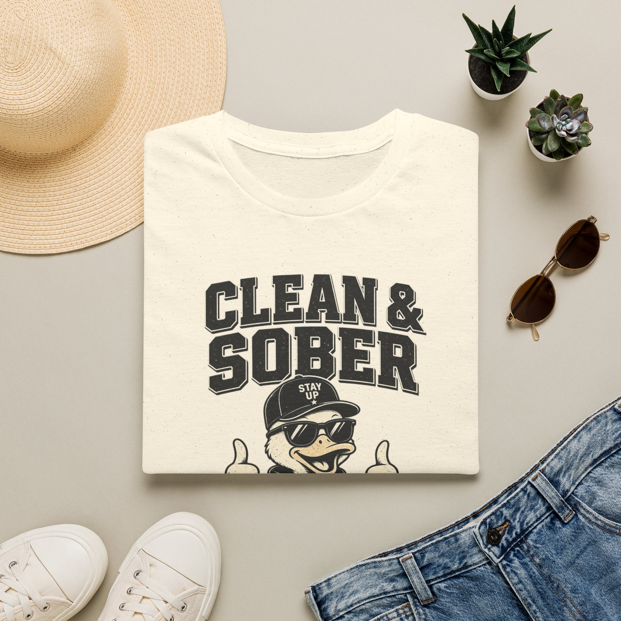 Clean & Sober Duck Illustration T-Shirt | Recovery Humor, Retro Mascot