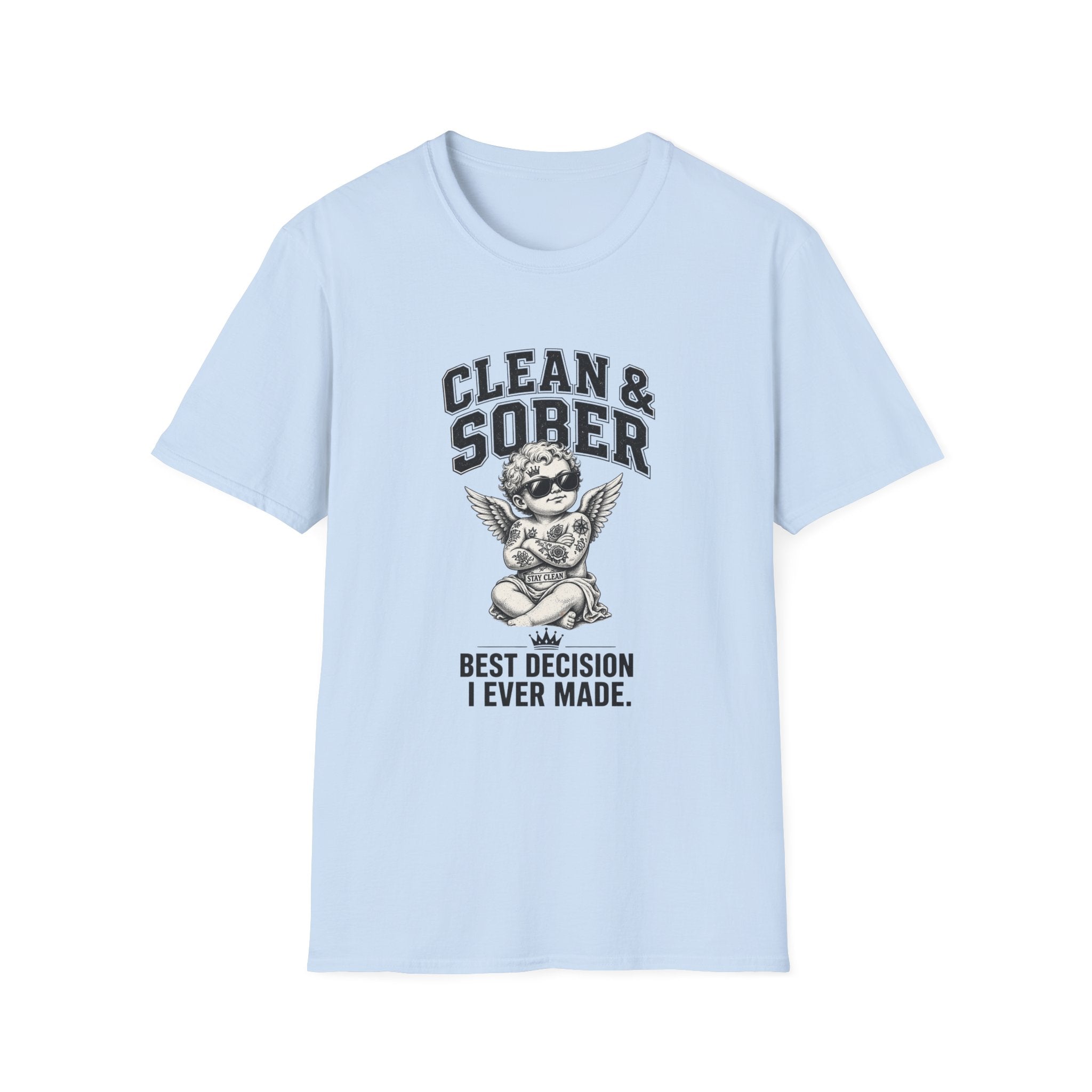 Clean & Sober cherub graphic T-Shirt | 'Best Decision I Ever Made' recovery design