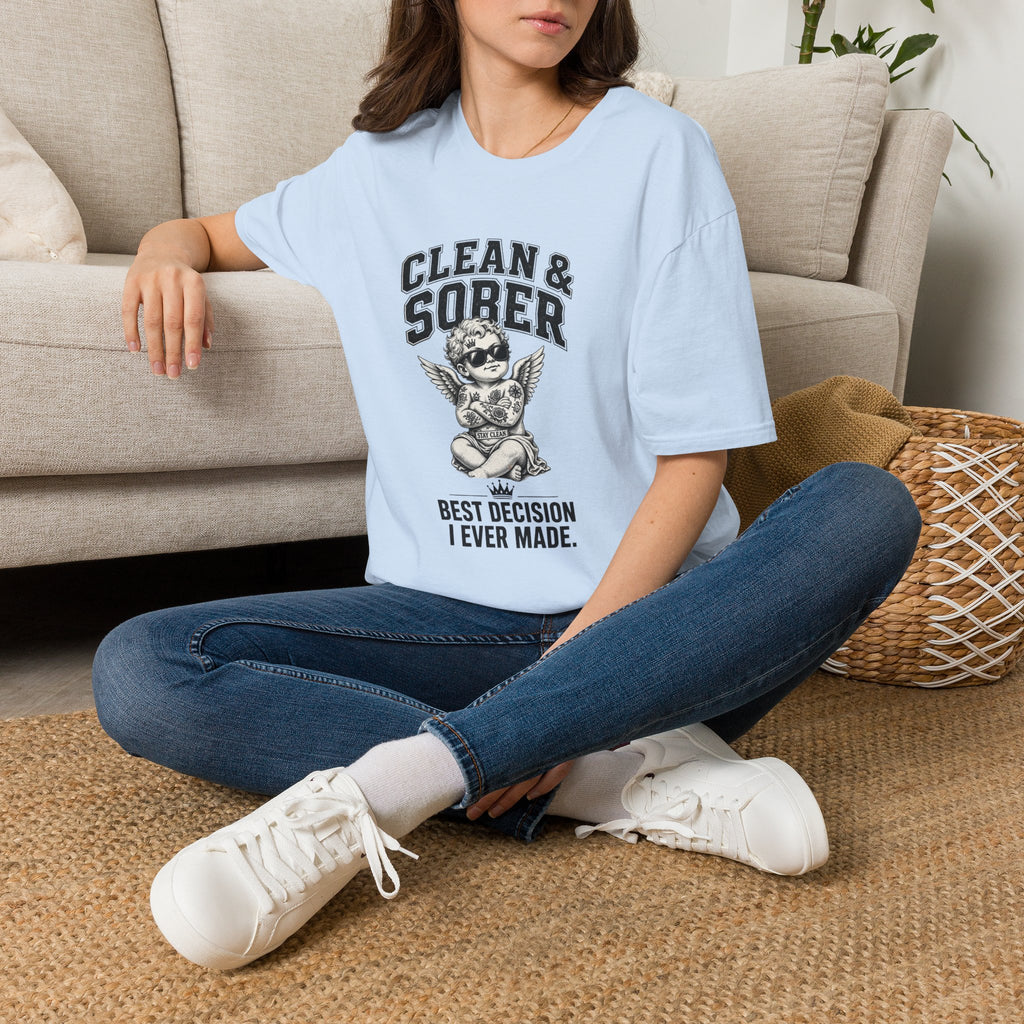 Clean & Sober cherub graphic T-Shirt | 'Best Decision I Ever Made' recovery design