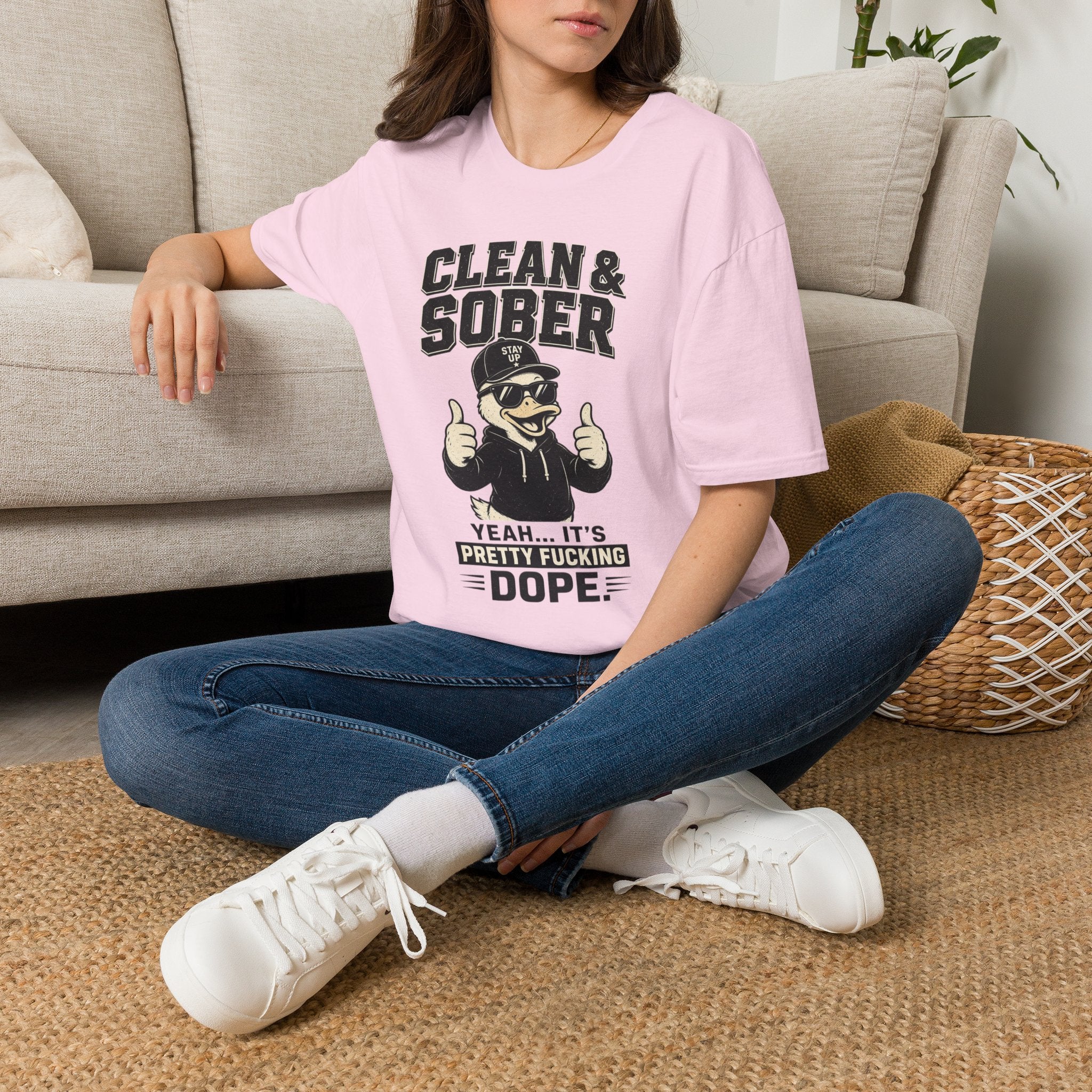 Clean & Sober Duck Illustration T-Shirt | Recovery Humor, Retro Mascot