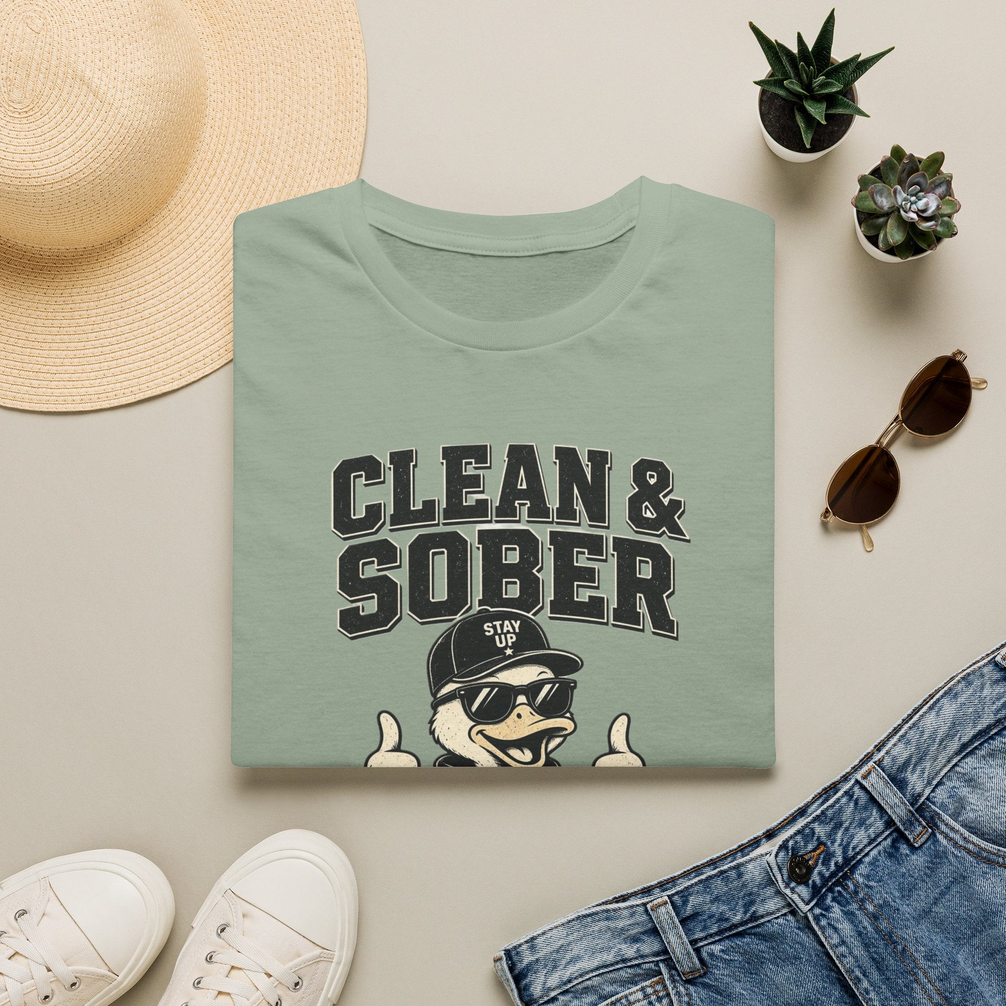 Clean & Sober Duck Illustration T-Shirt | Recovery Humor, Retro Mascot