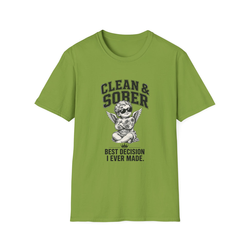 Clean & Sober cherub graphic T-Shirt | 'Best Decision I Ever Made' recovery design