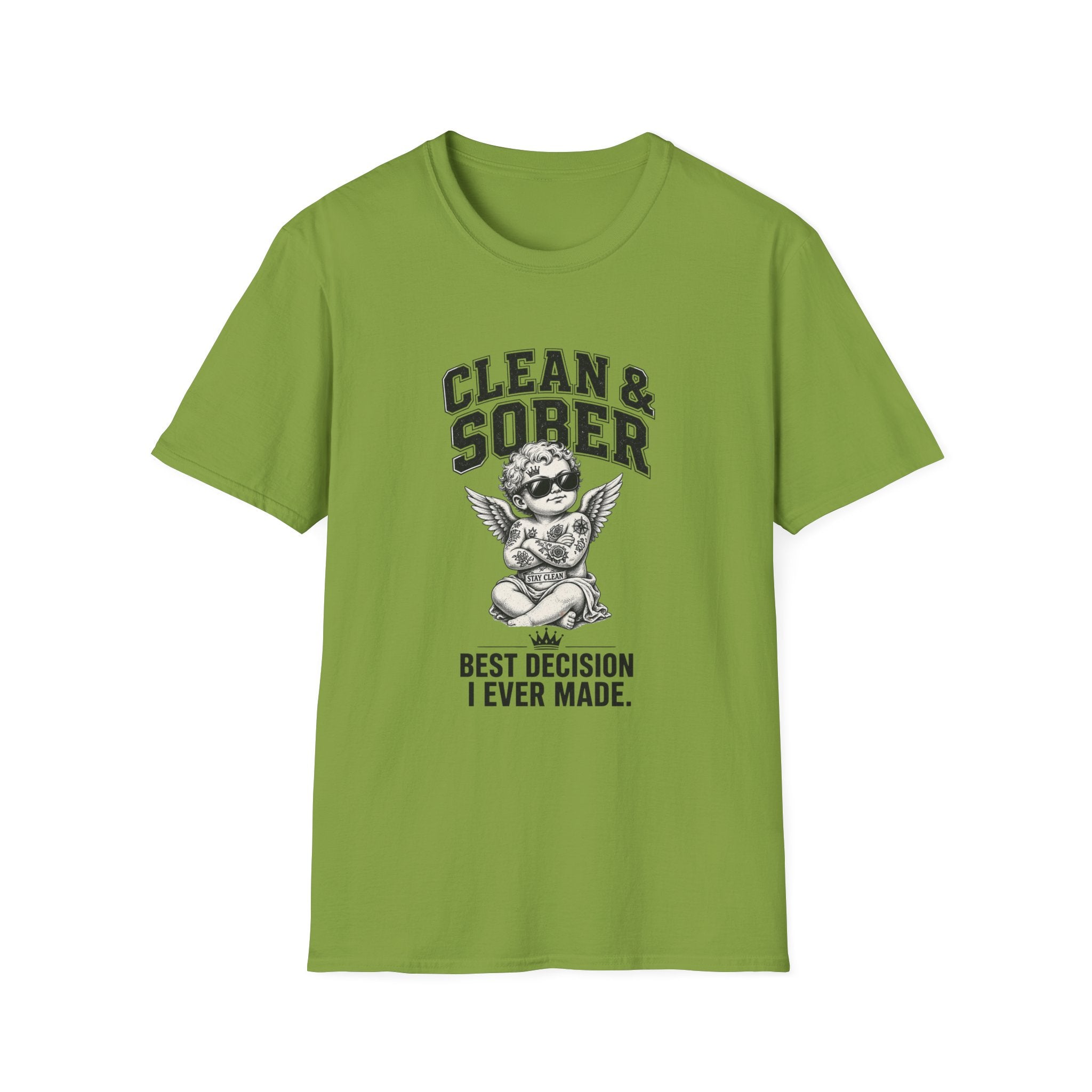 Clean & Sober cherub graphic T-Shirt | 'Best Decision I Ever Made' recovery design