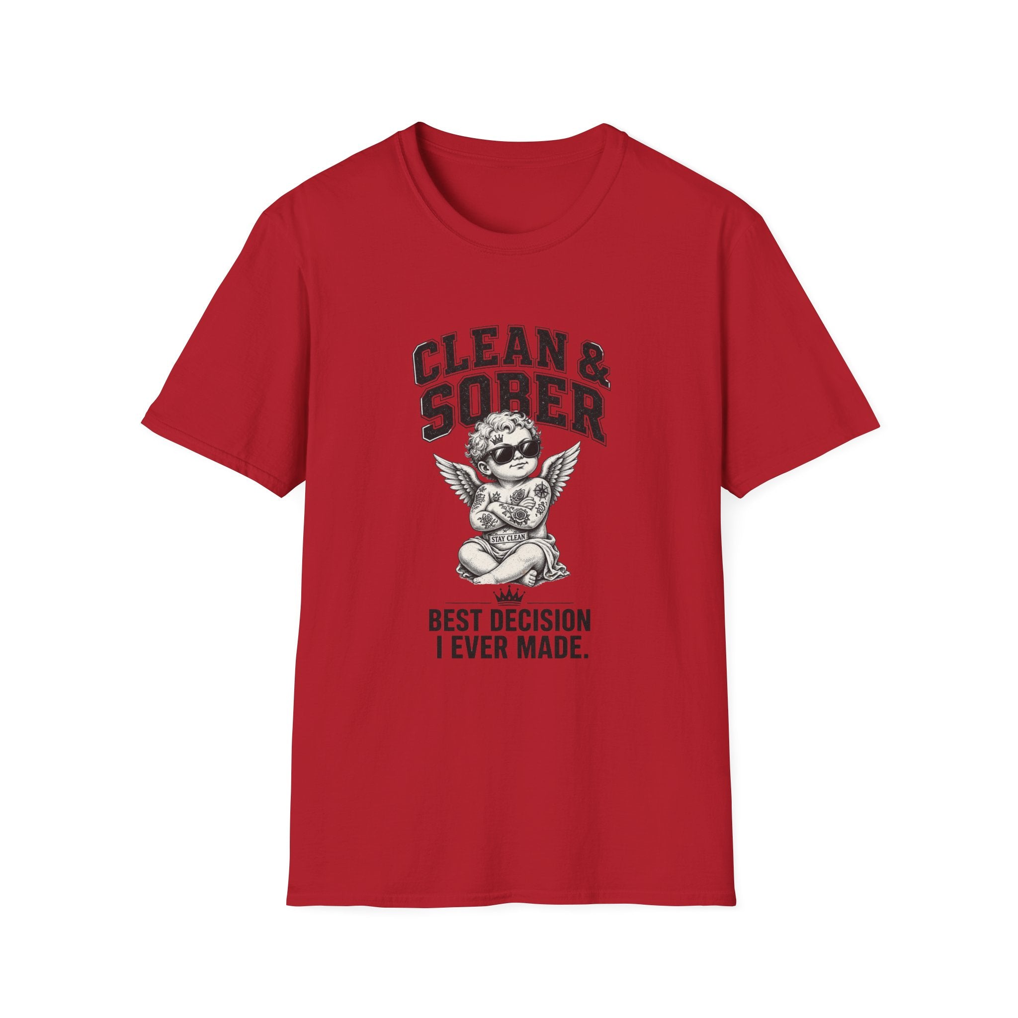 Clean & Sober cherub graphic T-Shirt | 'Best Decision I Ever Made' recovery design