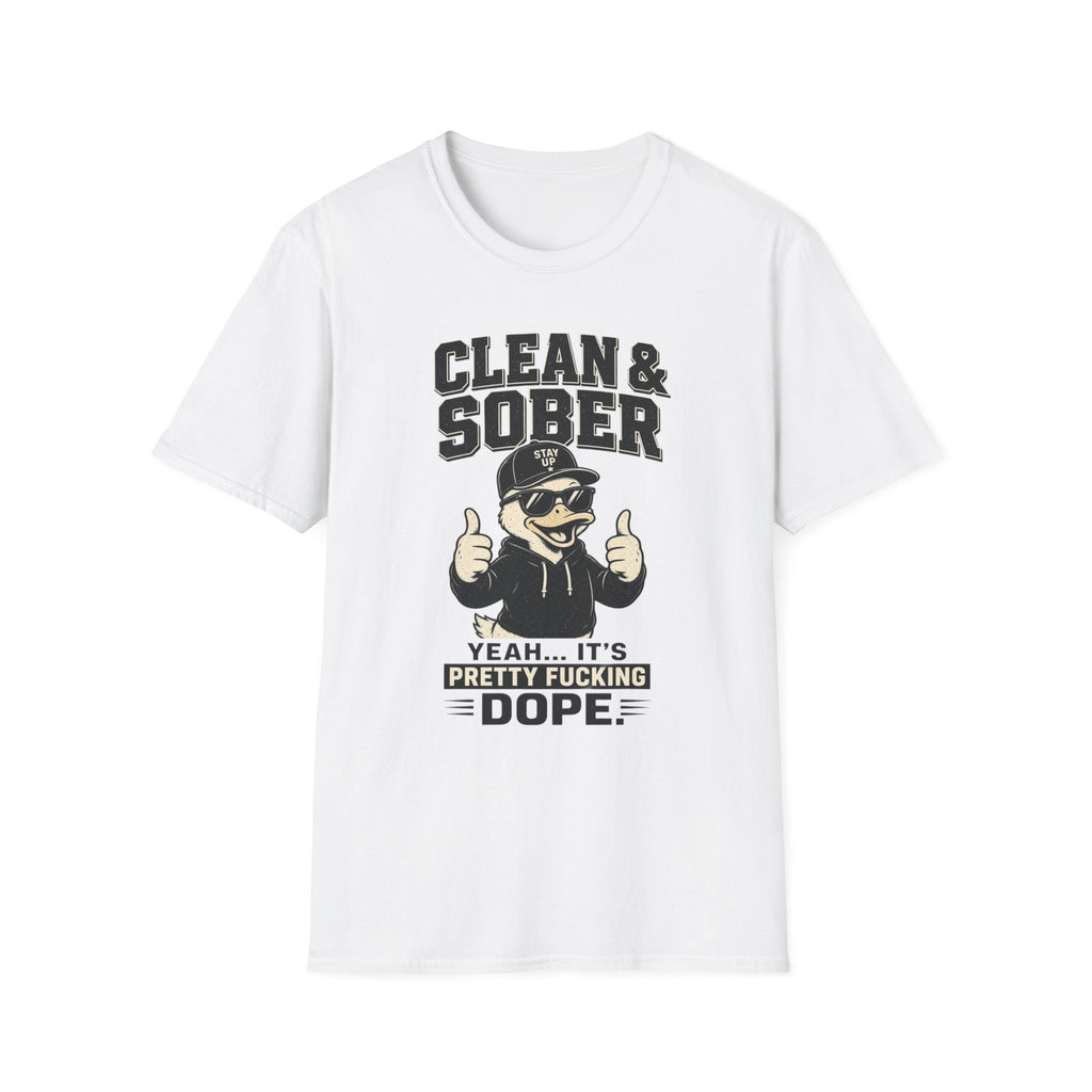 Clean & Sober Duck Illustration T-Shirt | Recovery Humor, Retro Mascot
