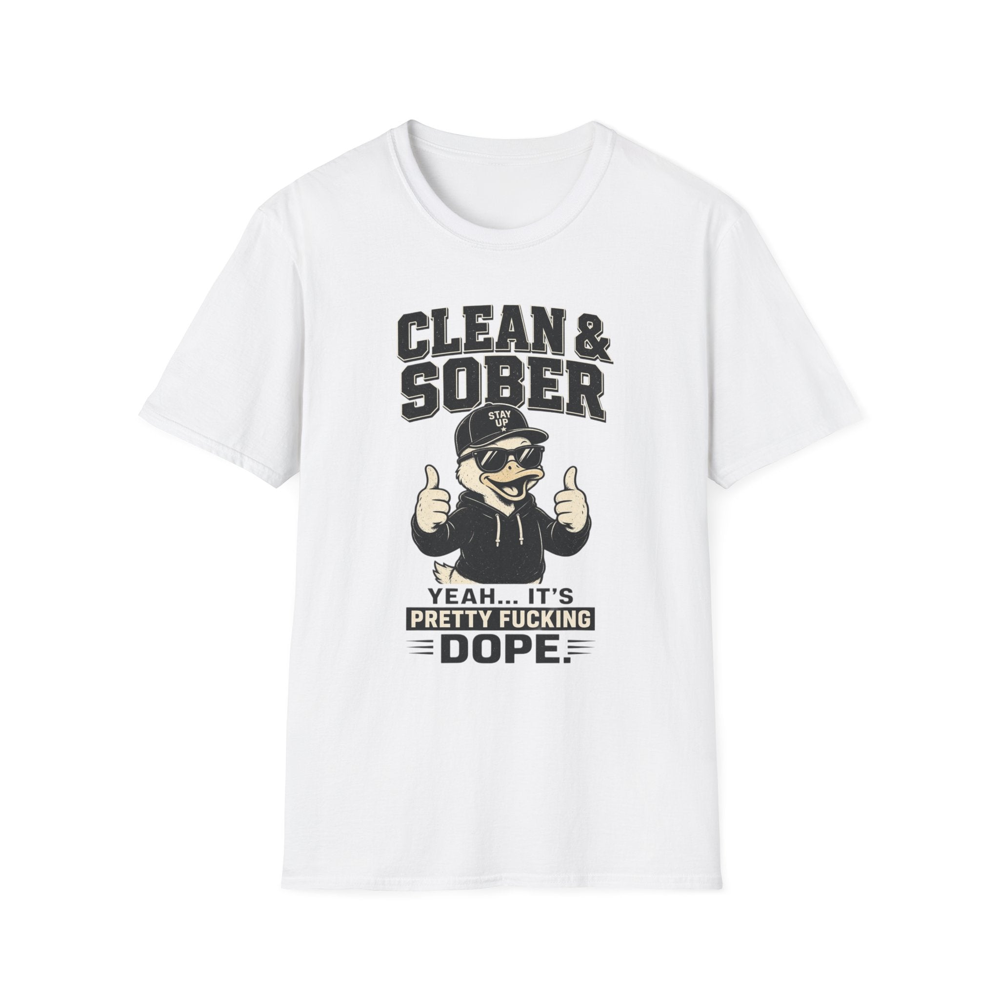 Clean & Sober Duck Illustration T-Shirt | Recovery Humor, Retro Mascot