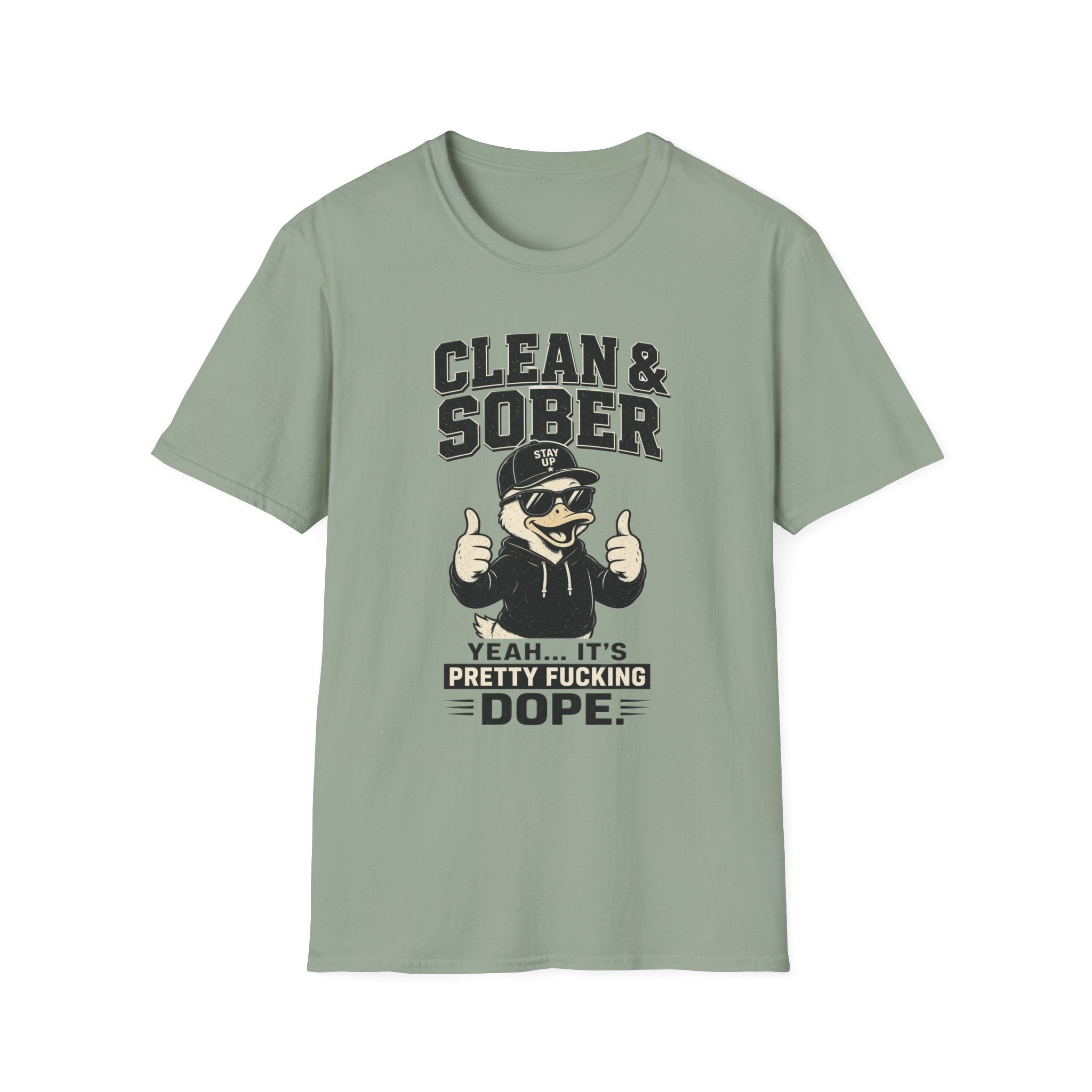 Clean & Sober Duck Illustration T-Shirt | Recovery Humor, Retro Mascot