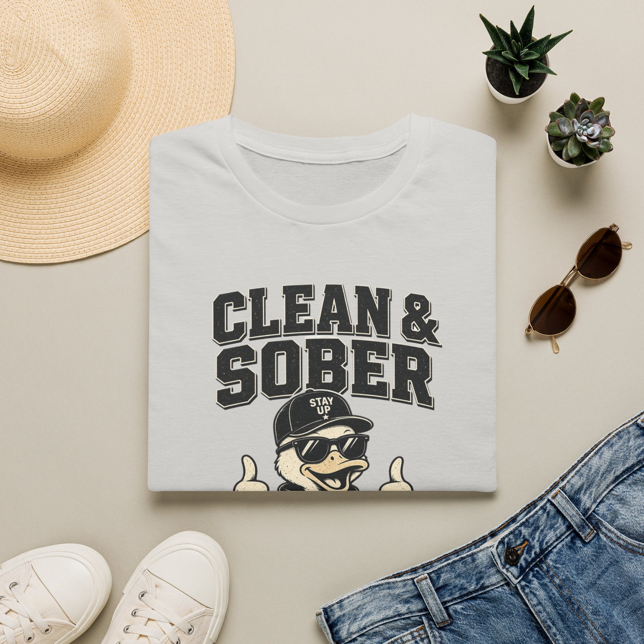Clean & Sober Duck Illustration T-Shirt | Recovery Humor, Retro Mascot