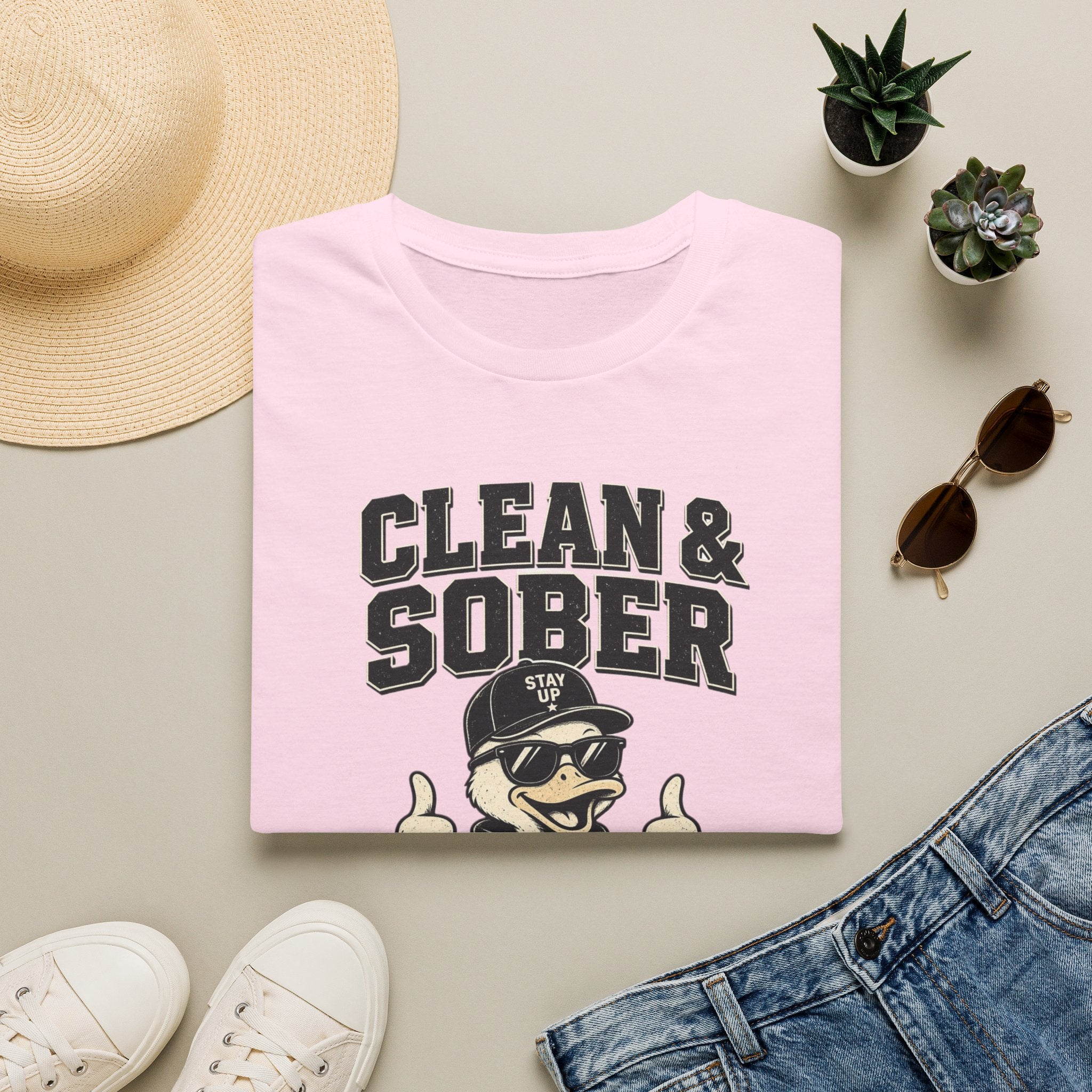 Clean & Sober Duck Illustration T-Shirt | Recovery Humor, Retro Mascot