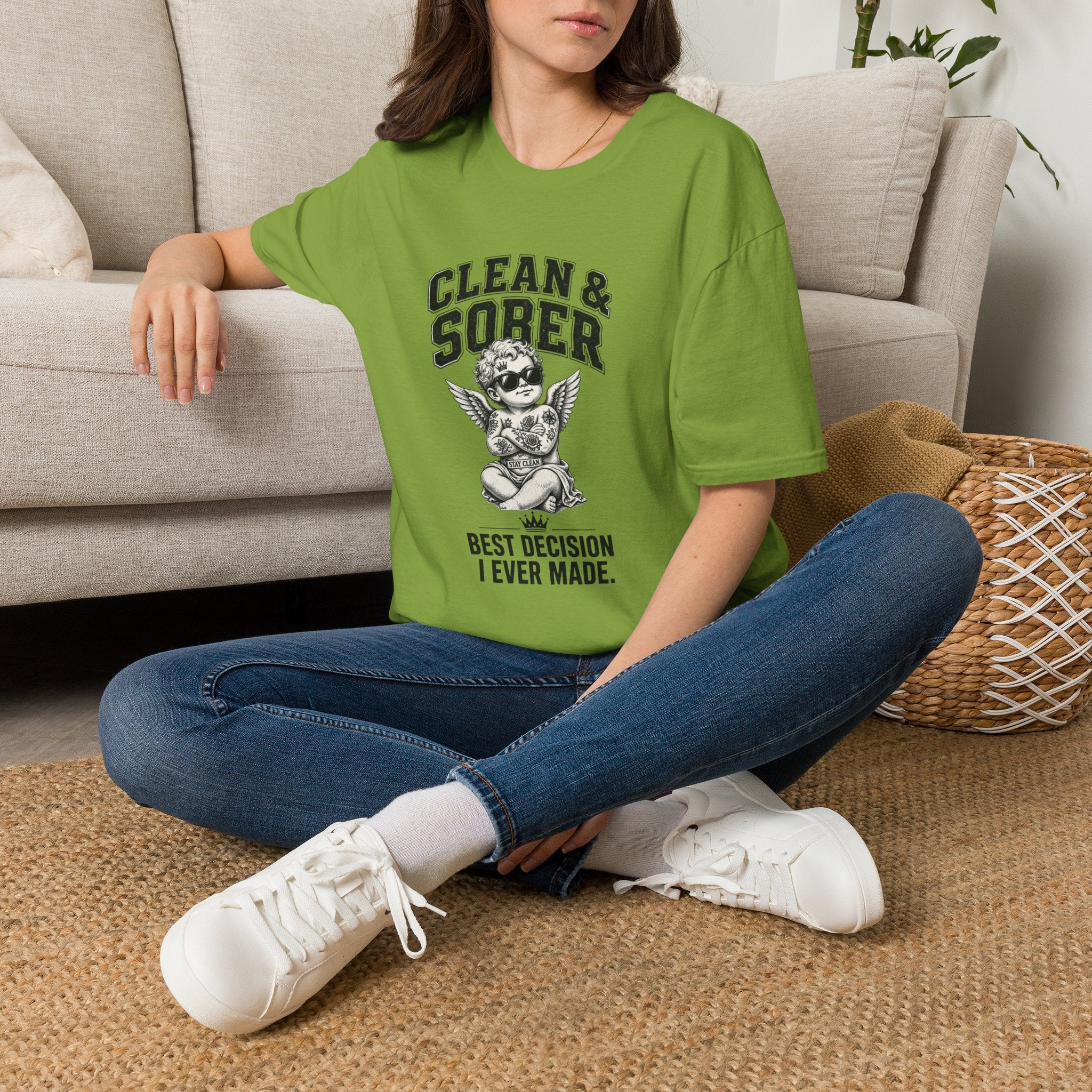 Clean & Sober cherub graphic T-Shirt | 'Best Decision I Ever Made' recovery design