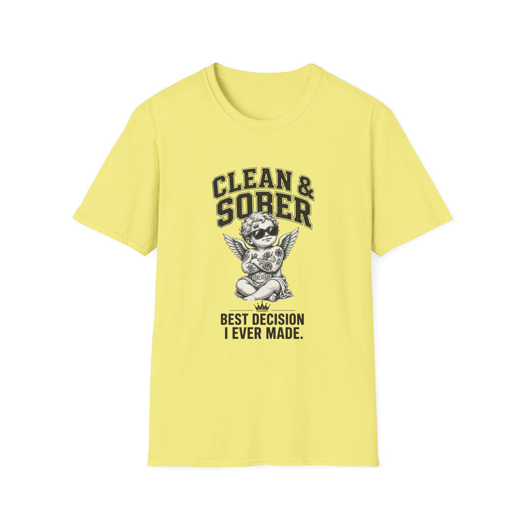 Clean & Sober cherub graphic T-Shirt | 'Best Decision I Ever Made' recovery design