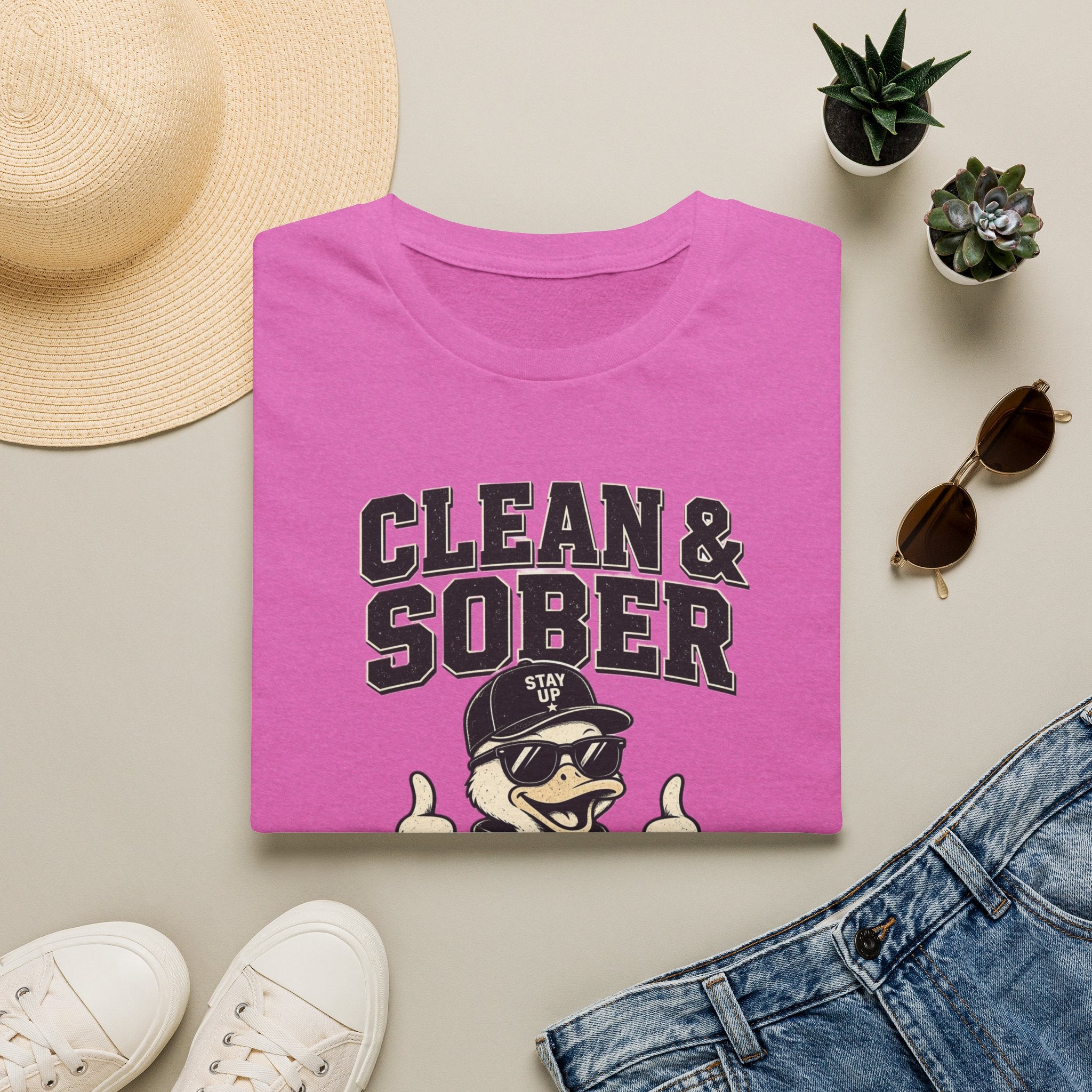 Clean & Sober Duck Illustration T-Shirt | Recovery Humor, Retro Mascot