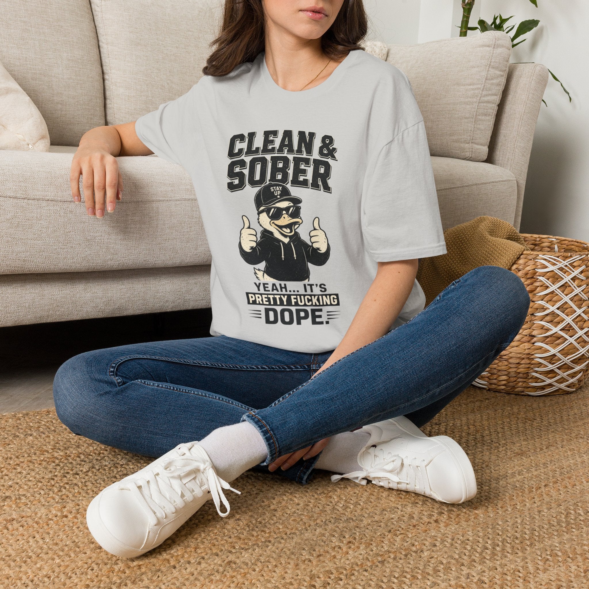 Clean & Sober Duck Illustration T-Shirt | Recovery Humor, Retro Mascot