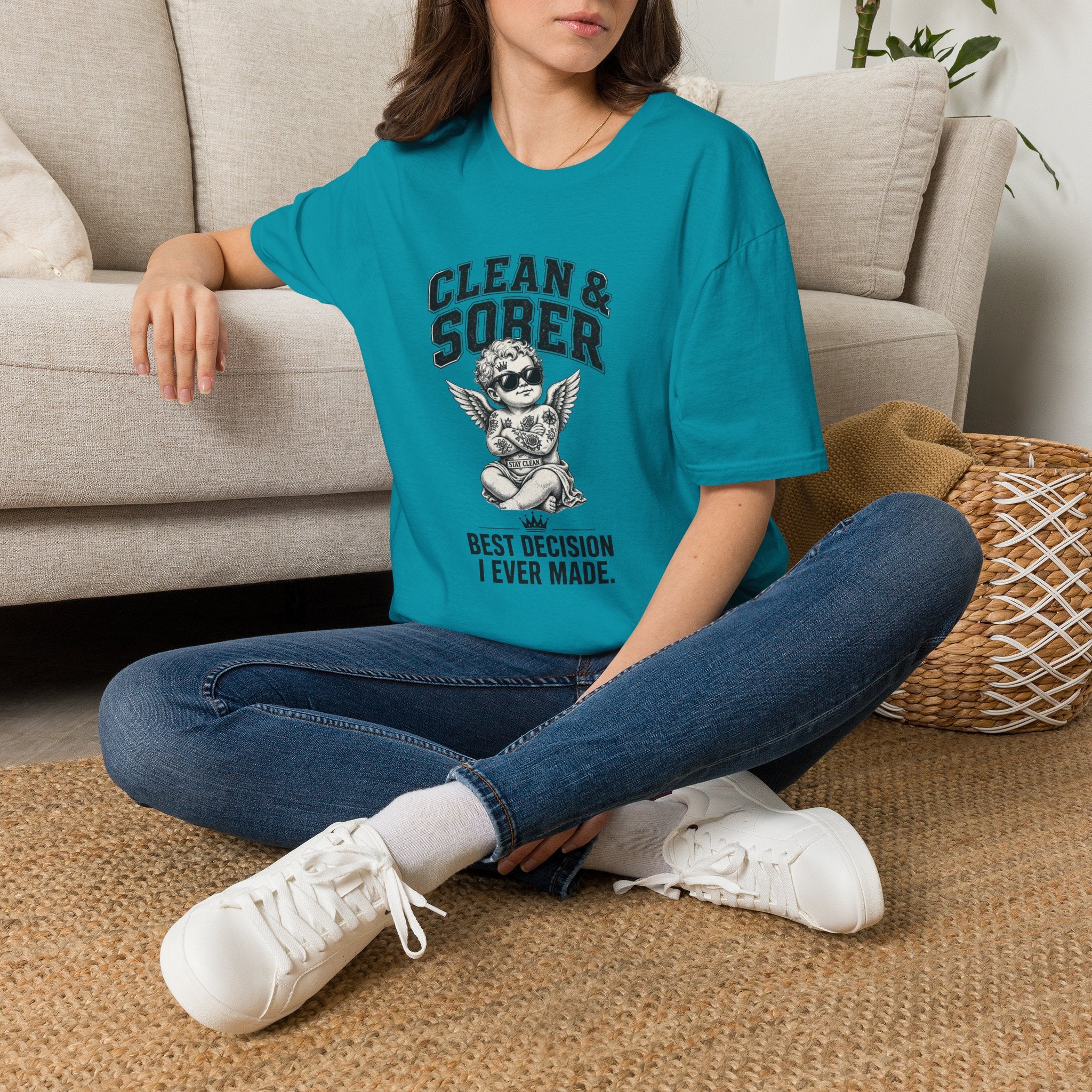 Clean & Sober cherub graphic T-Shirt | 'Best Decision I Ever Made' recovery design