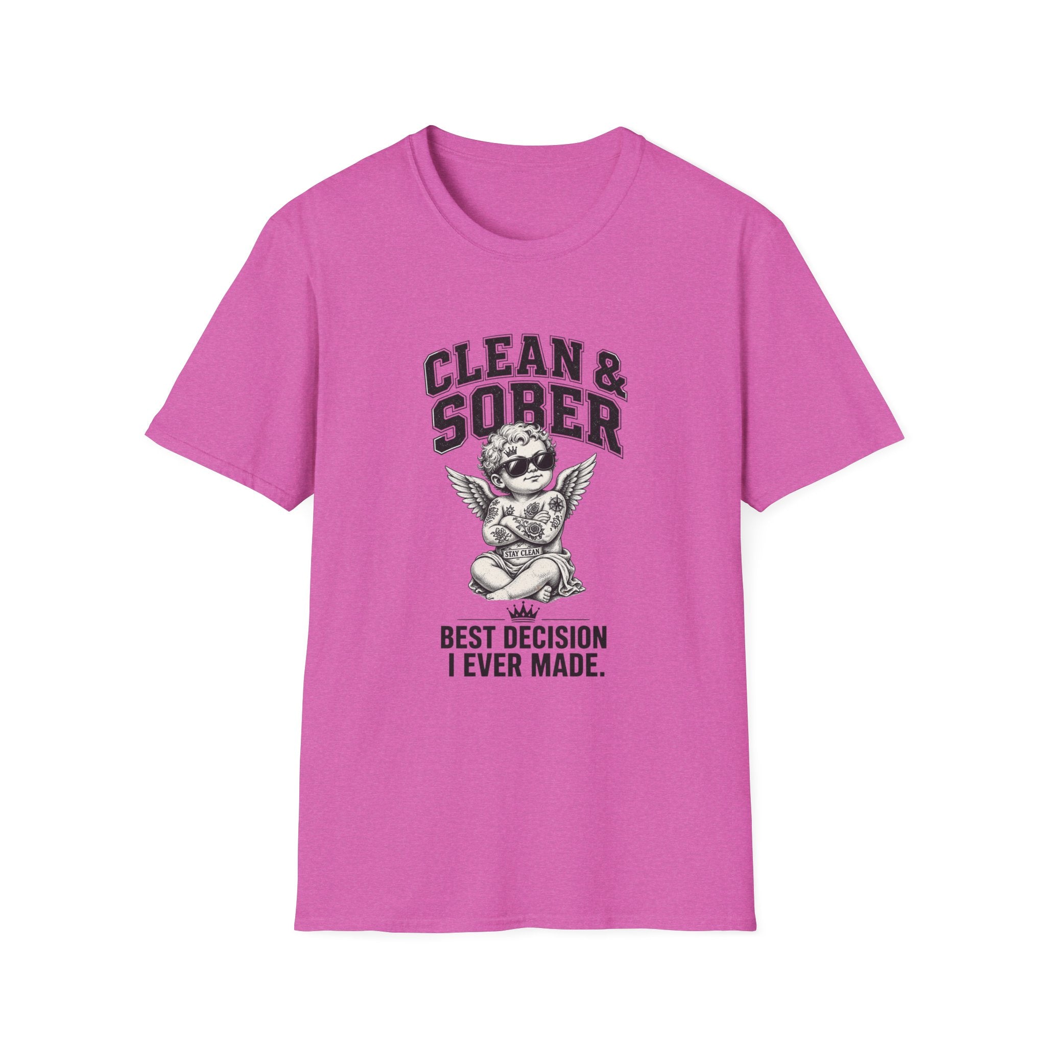 Clean & Sober cherub graphic T-Shirt | 'Best Decision I Ever Made' recovery design