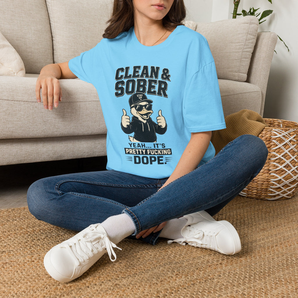 Clean & Sober Duck Illustration T-Shirt | Recovery Humor, Retro Mascot