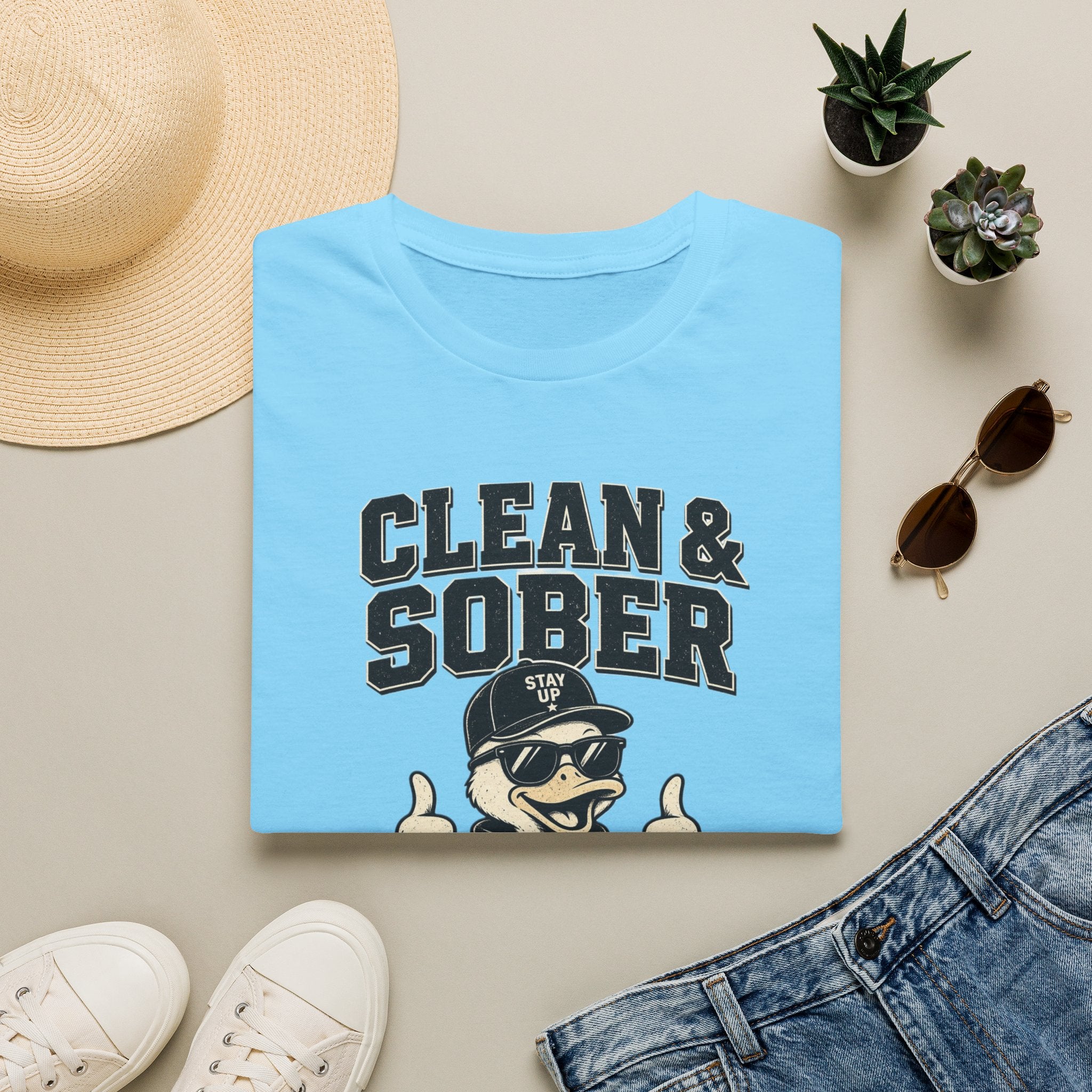 Clean & Sober Duck Illustration T-Shirt | Recovery Humor, Retro Mascot
