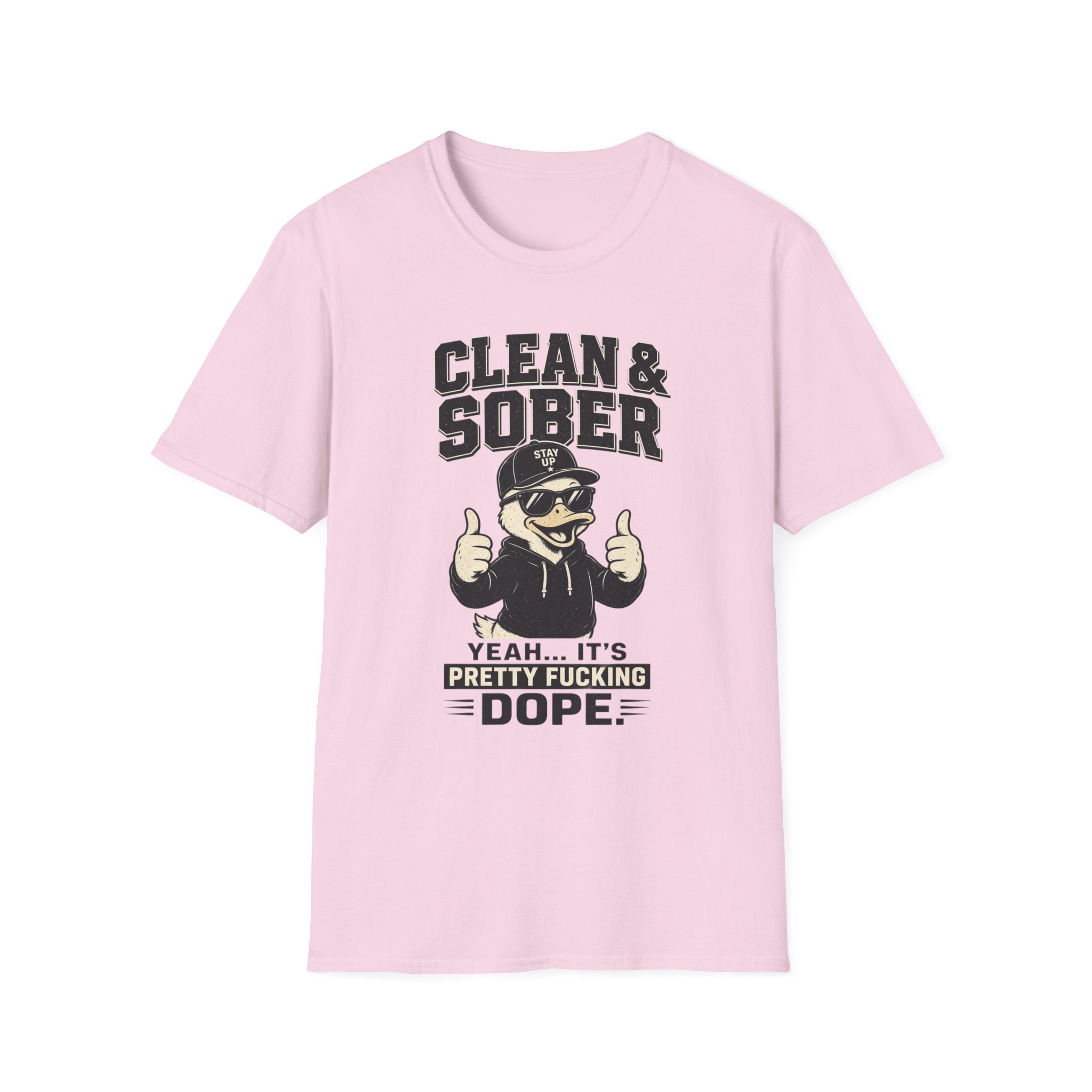 Clean & Sober Duck Illustration T-Shirt | Recovery Humor, Retro Mascot