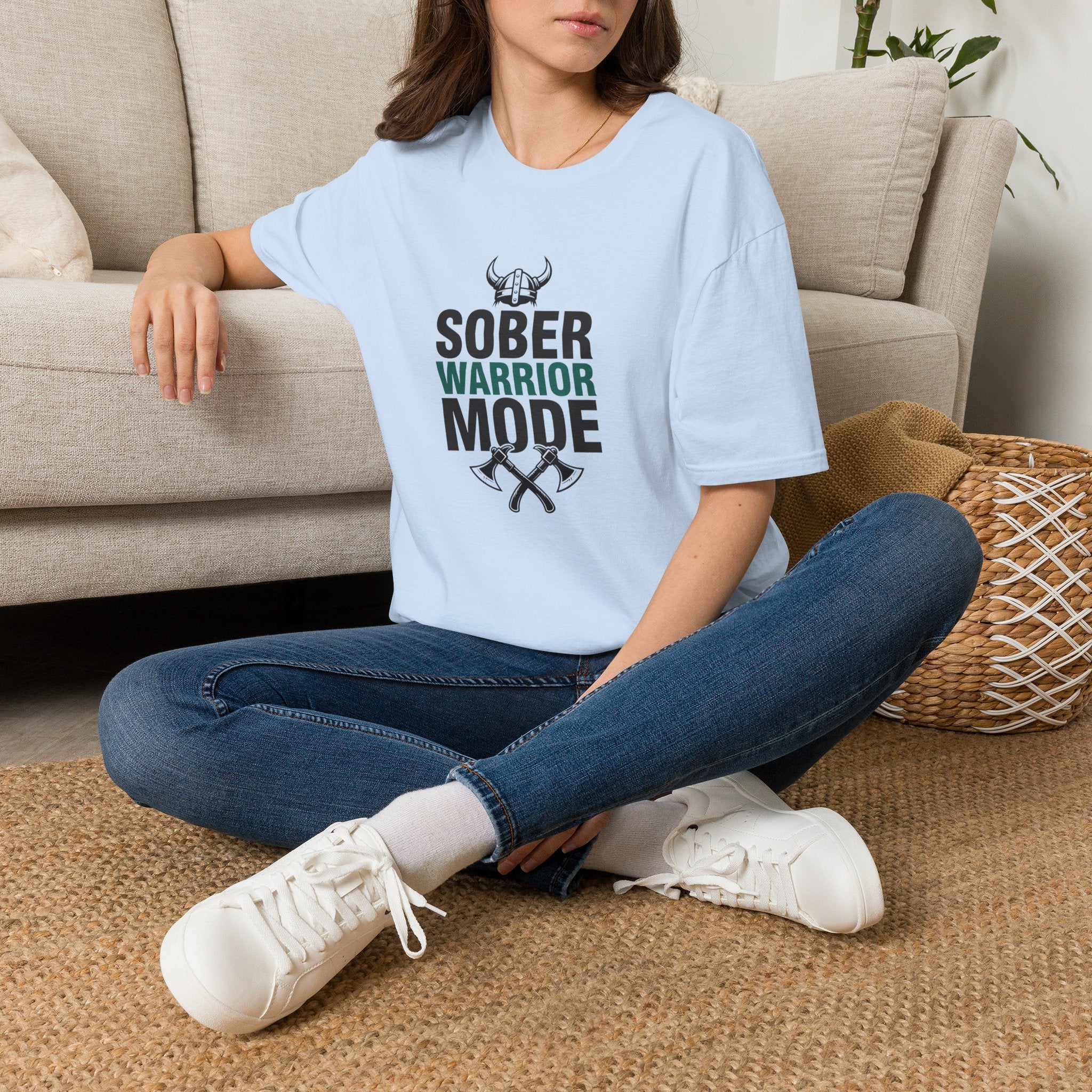 Sober Warrior Mode T-Shirt | Recovery, Viking Helmet & Axes Design