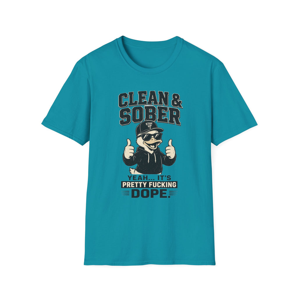 Clean & Sober Duck Illustration T-Shirt | Recovery Humor, Retro Mascot