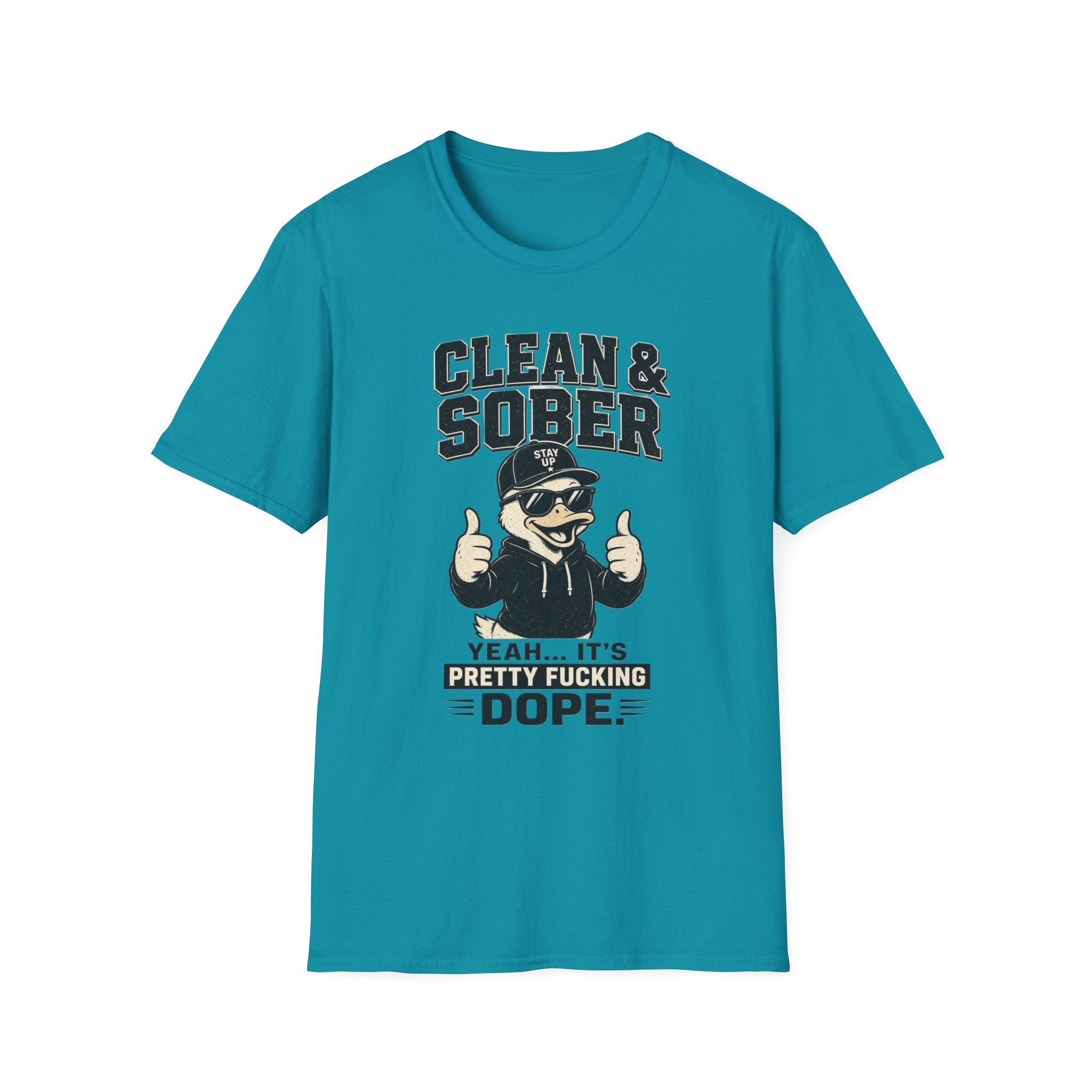 Clean & Sober Duck Illustration T-Shirt | Recovery Humor, Retro Mascot