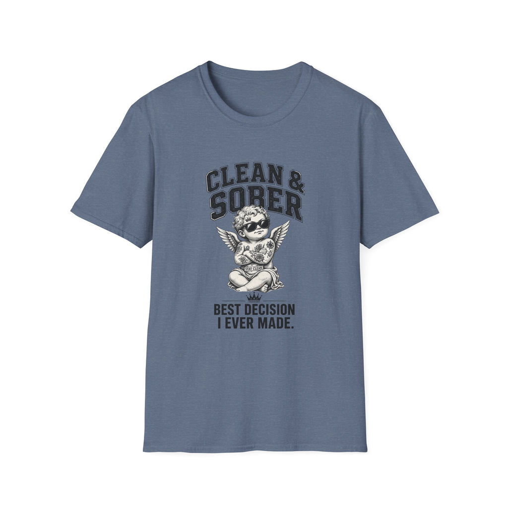Clean & Sober cherub graphic T-Shirt | 'Best Decision I Ever Made' recovery design