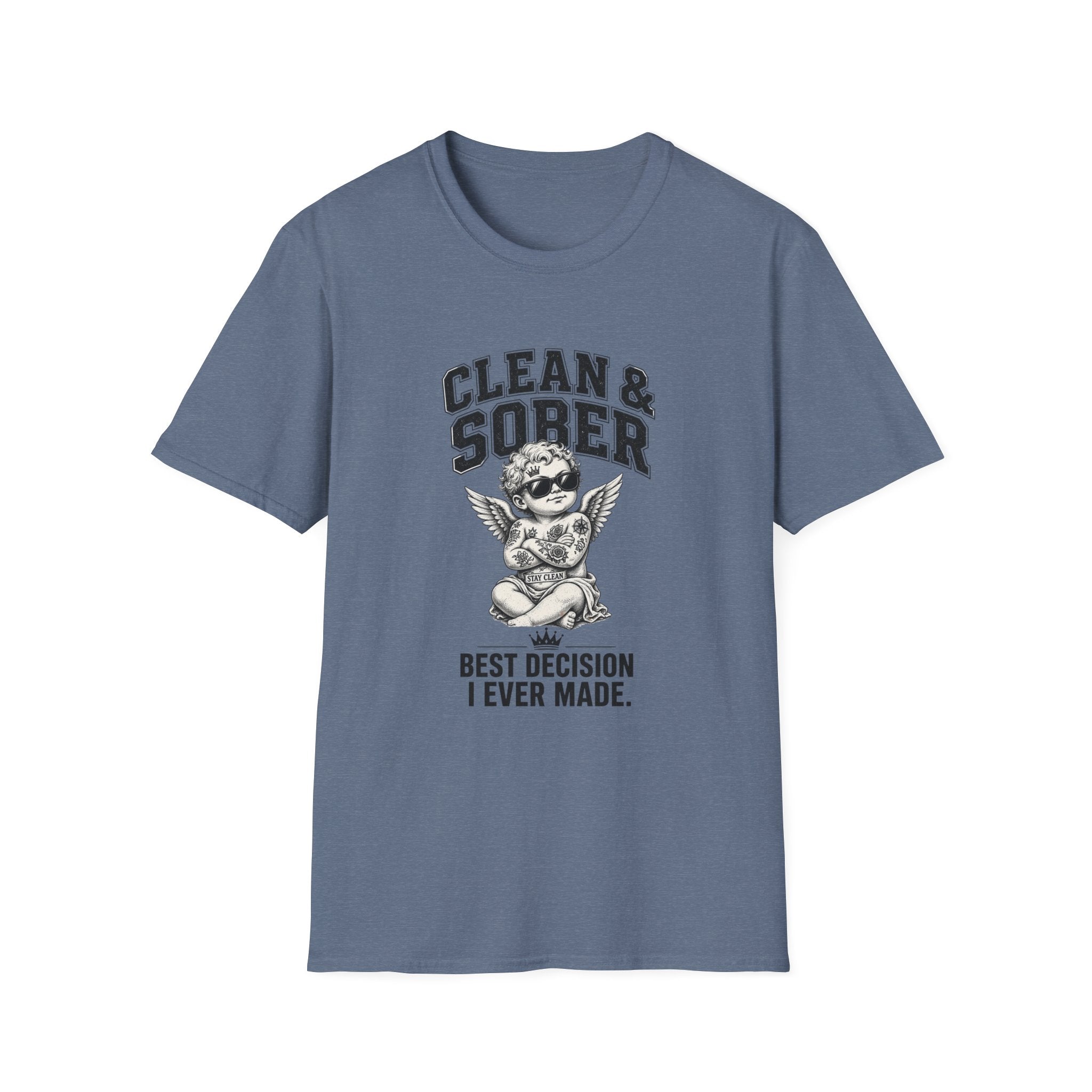 Clean & Sober cherub graphic T-Shirt | 'Best Decision I Ever Made' recovery design