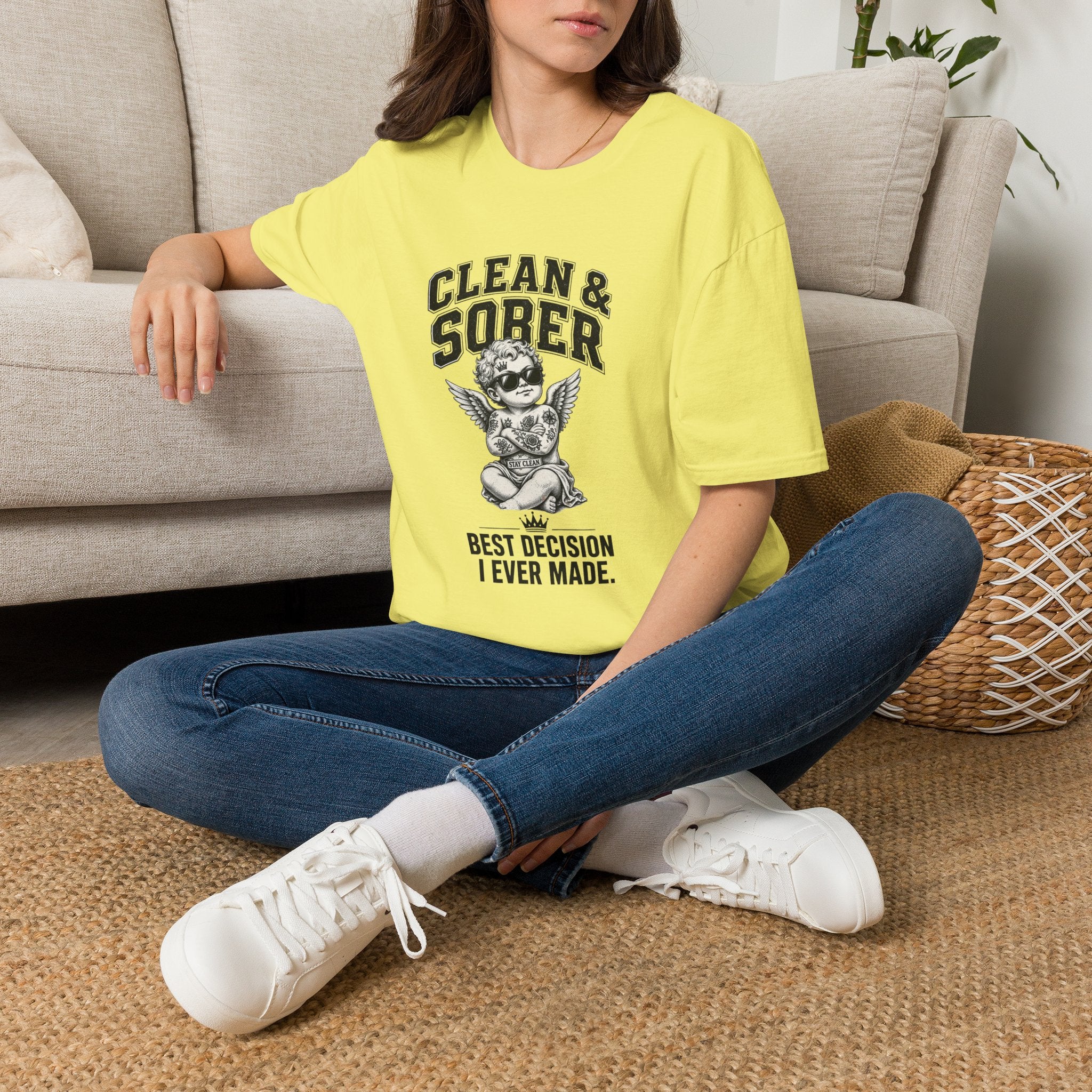 Clean & Sober cherub graphic T-Shirt | 'Best Decision I Ever Made' recovery design