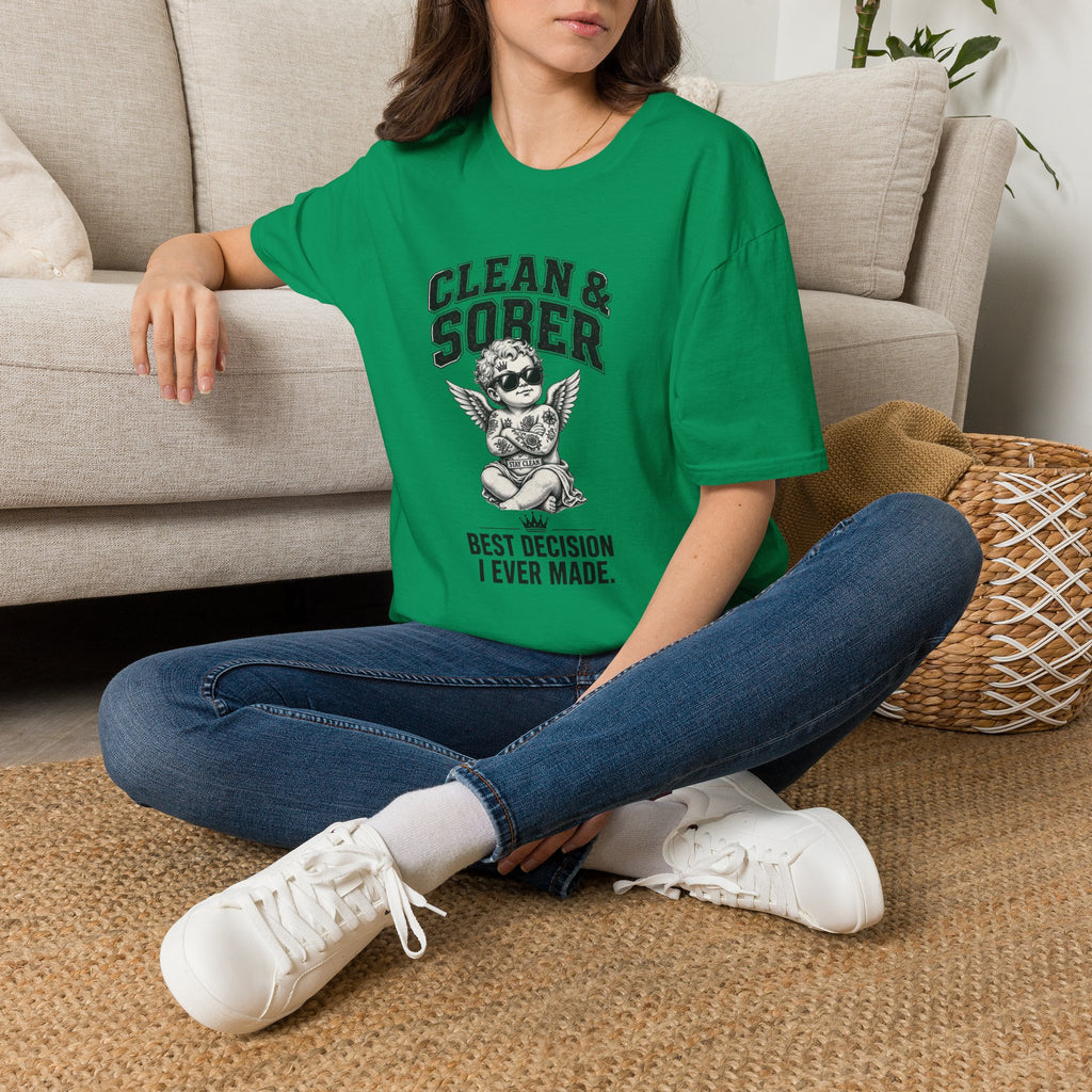 Clean & Sober cherub graphic T-Shirt | 'Best Decision I Ever Made' recovery design