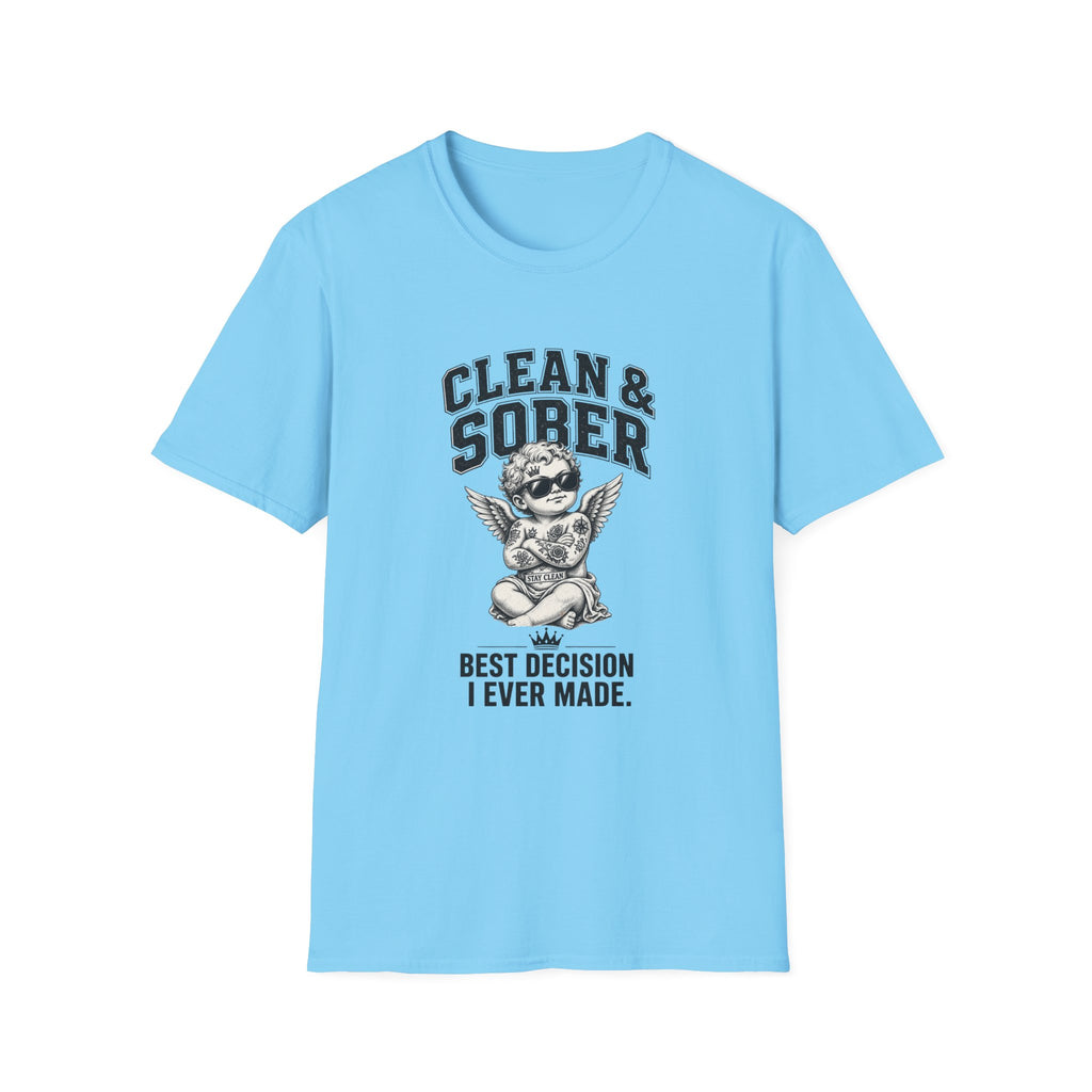 Clean & Sober cherub graphic T-Shirt | 'Best Decision I Ever Made' recovery design