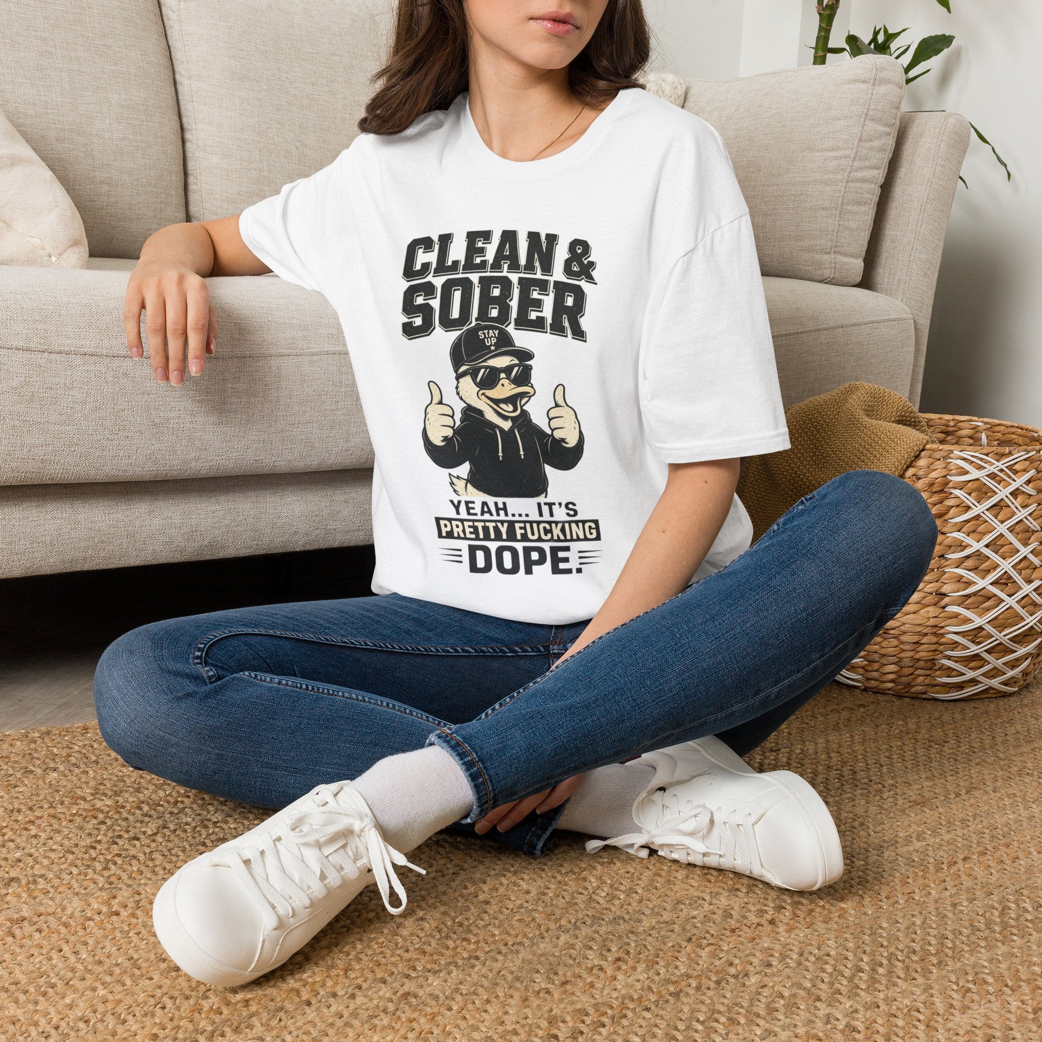 Clean & Sober Duck Illustration T-Shirt | Recovery Humor, Retro Mascot
