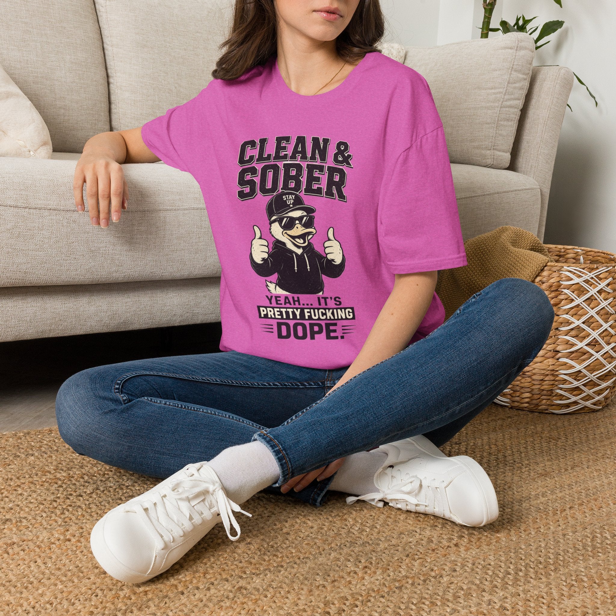Clean & Sober Duck Illustration T-Shirt | Recovery Humor, Retro Mascot