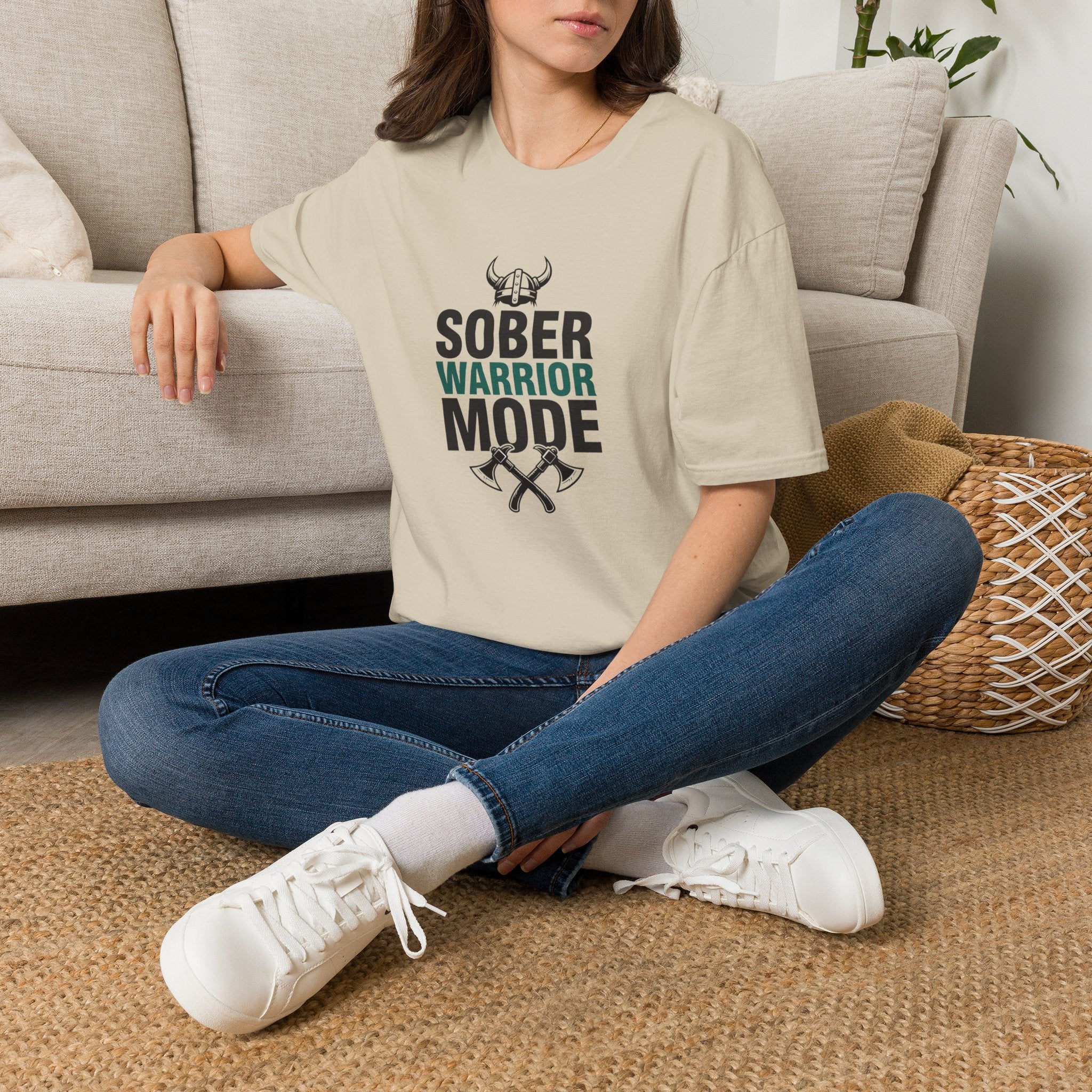 Sober Warrior Mode T-Shirt | Recovery, Viking Helmet & Axes Design