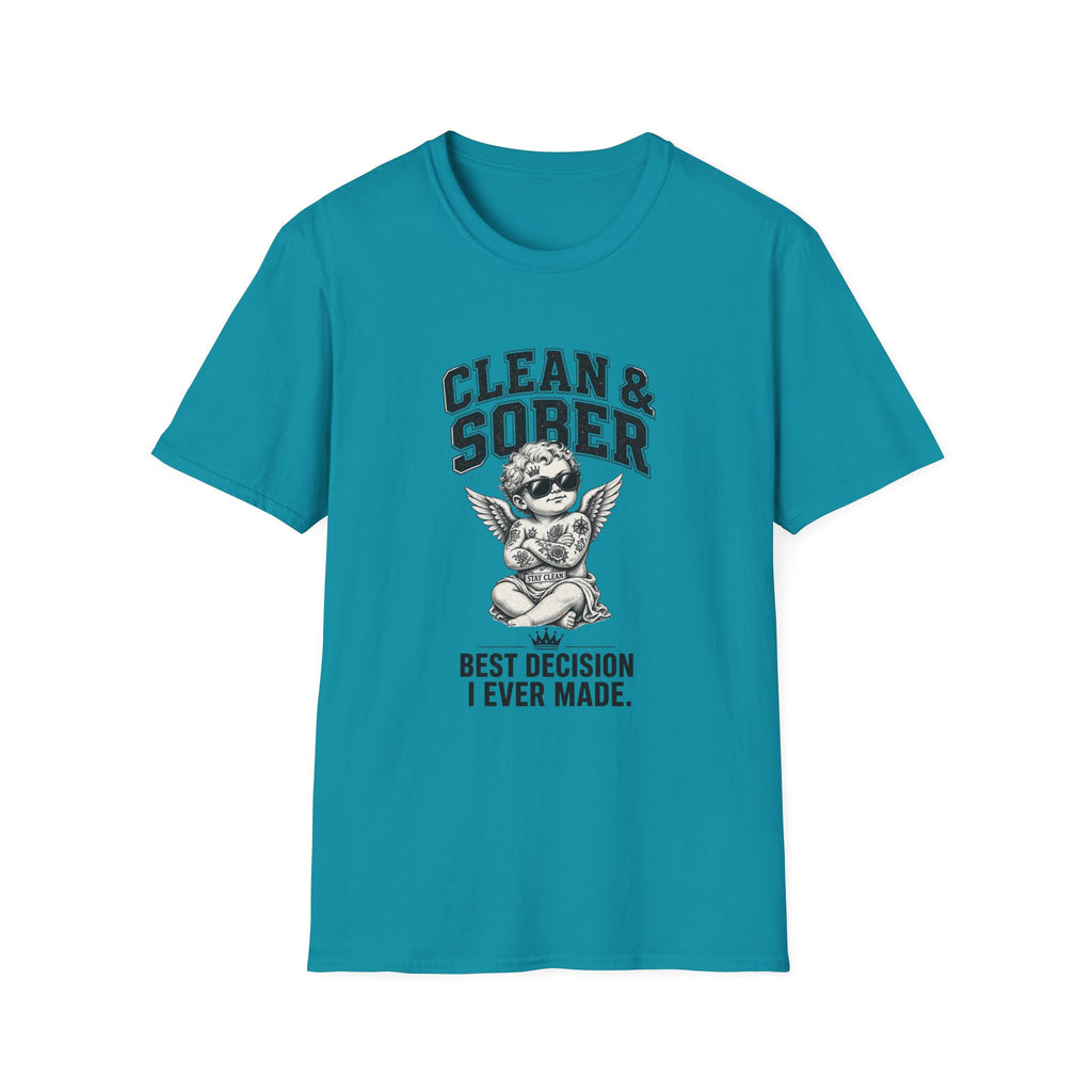Clean & Sober cherub graphic T-Shirt | 'Best Decision I Ever Made' recovery design
