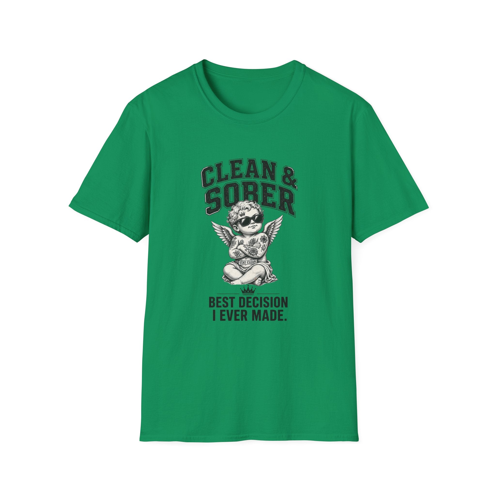 Clean & Sober cherub graphic T-Shirt | 'Best Decision I Ever Made' recovery design