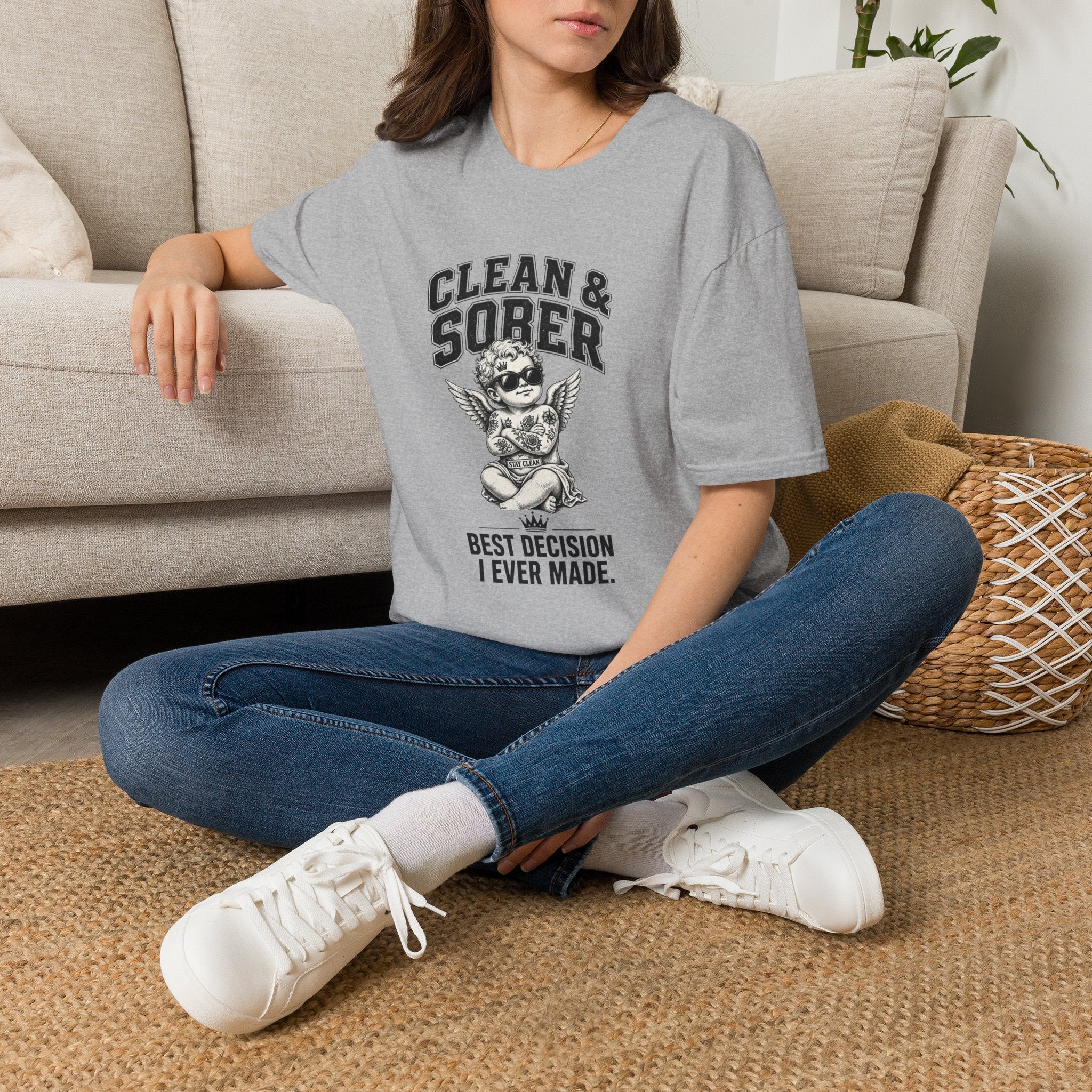 Clean & Sober cherub graphic T-Shirt | 'Best Decision I Ever Made' recovery design