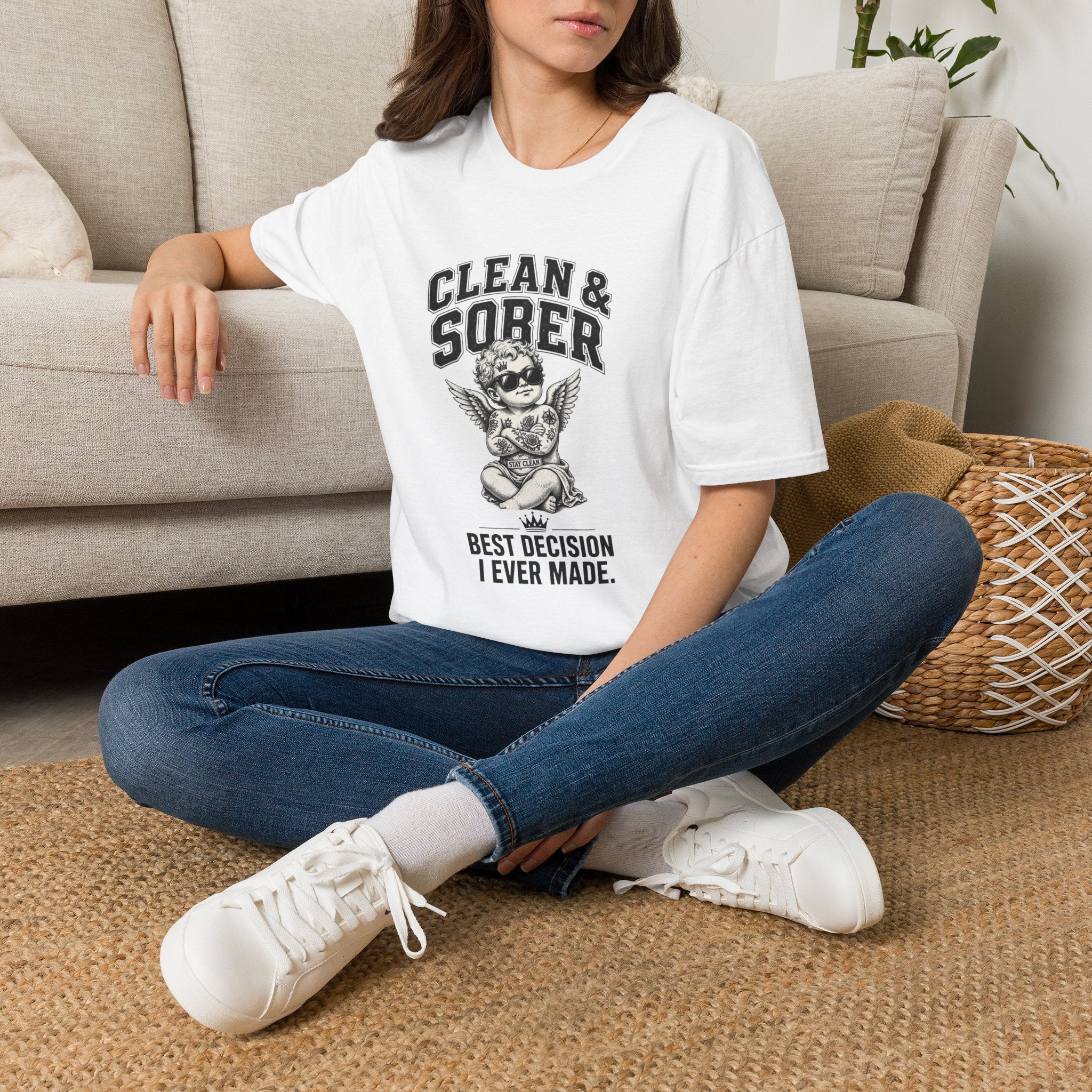 Clean & Sober cherub graphic T-Shirt | 'Best Decision I Ever Made' recovery design