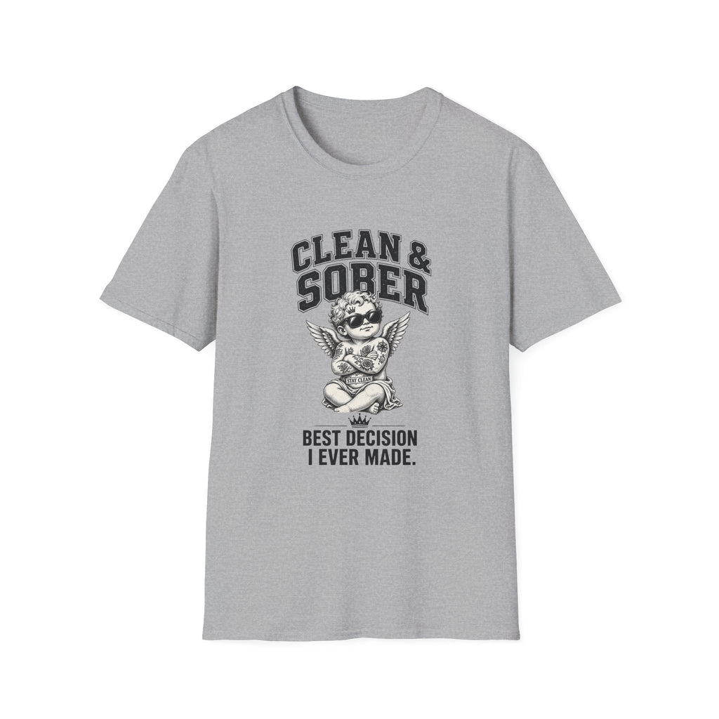Clean & Sober cherub graphic T-Shirt | 'Best Decision I Ever Made' recovery design