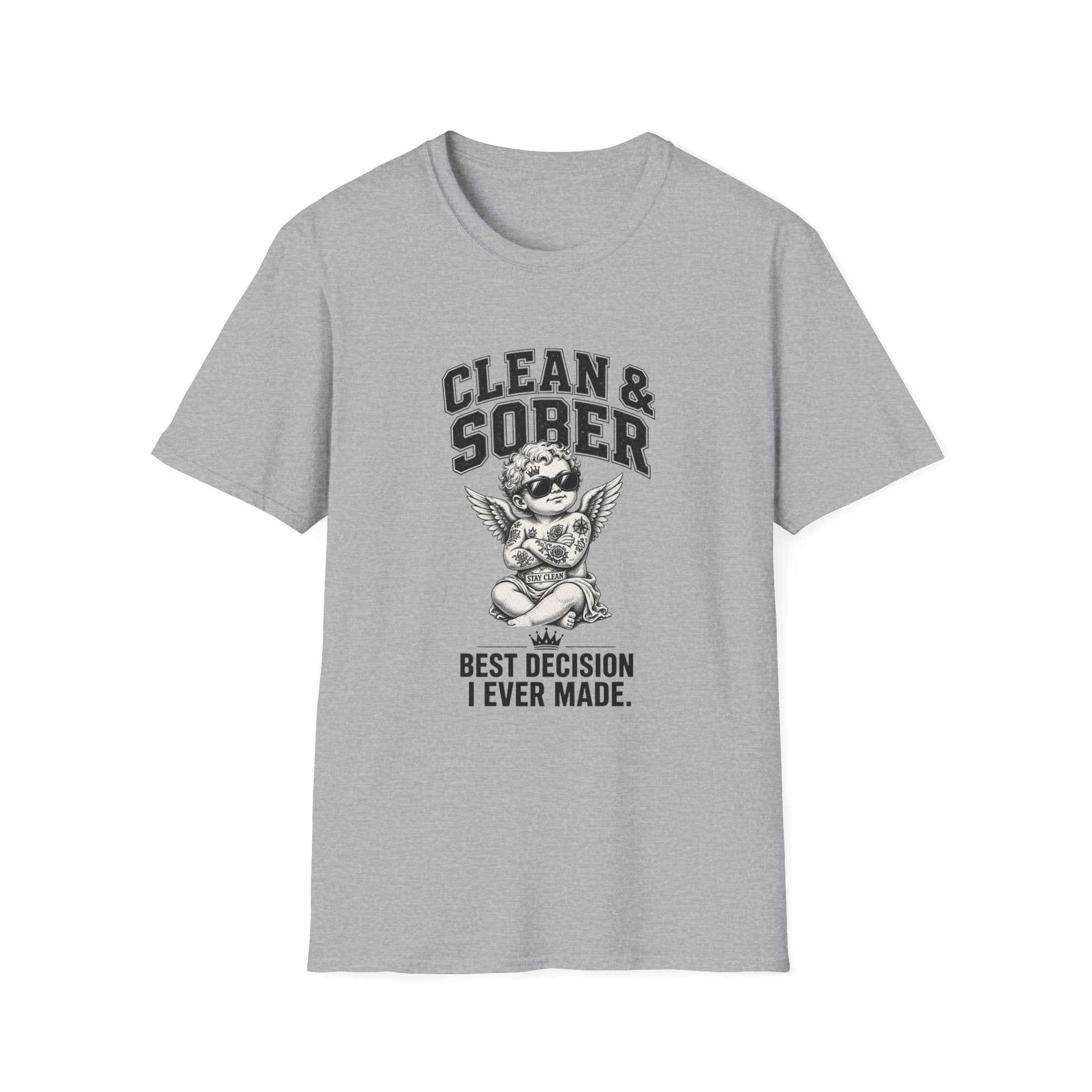 Clean & Sober cherub graphic T-Shirt | 'Best Decision I Ever Made' recovery design