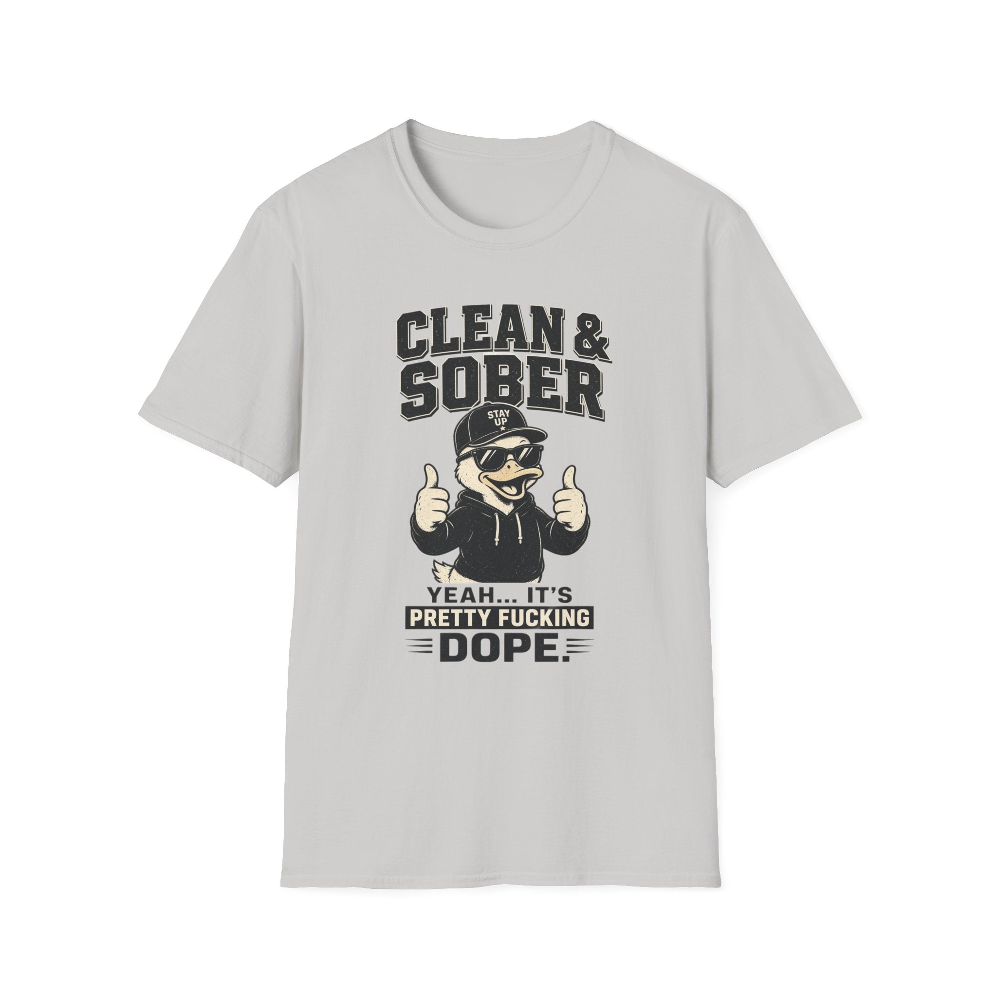 Clean & Sober Duck Illustration T-Shirt | Recovery Humor, Retro Mascot